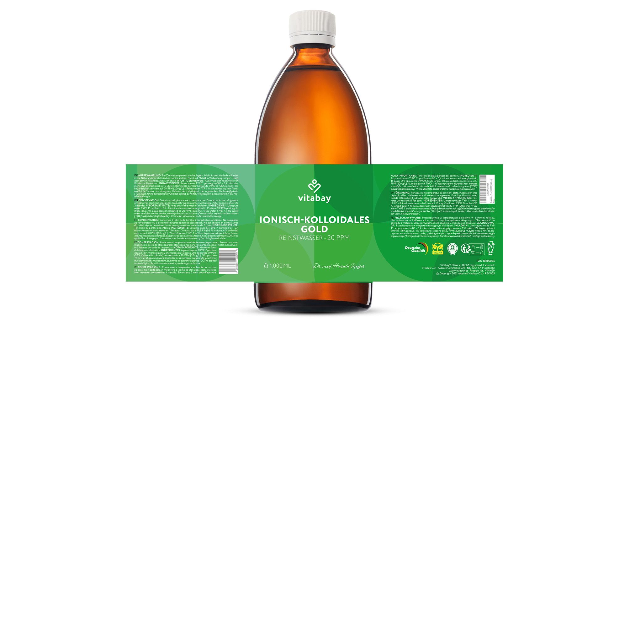 Flasche mit Etikett. Vitabay Logo. Etikett: Ionisch-kolloidales Gold. Text auf Etikett.