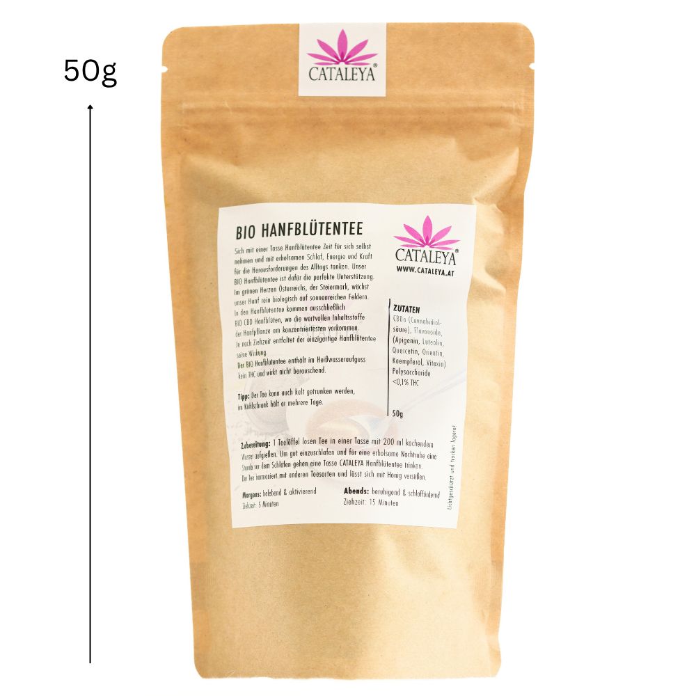 50g Beutel CATALEYA BIO Hanfblüten Tee, stehend.