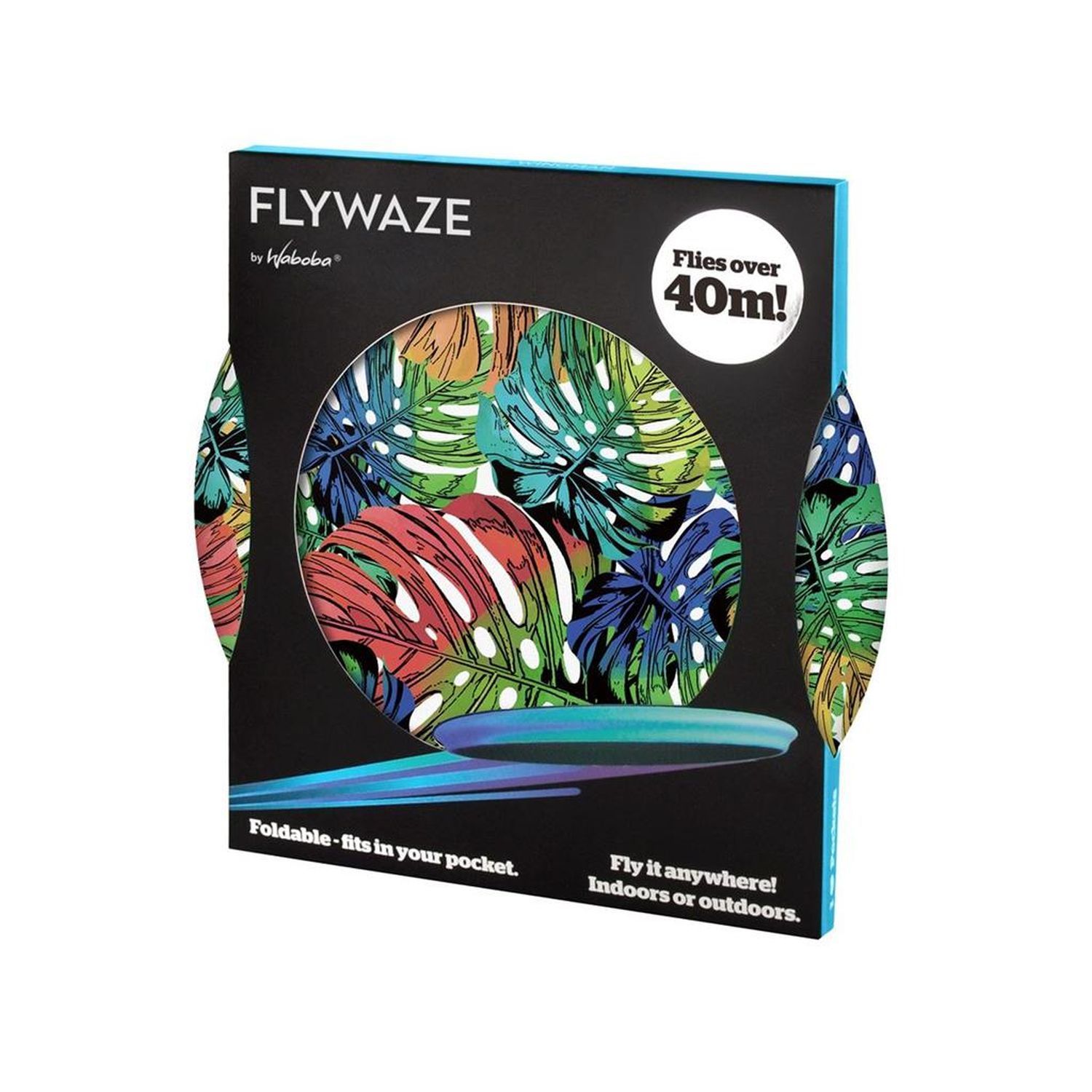 Verpackung mit Wurfscheibe. Aufdruck: FLYWAZE by Waboba. Text: Flies over 40m! Faltbar - passt in die Tasche.