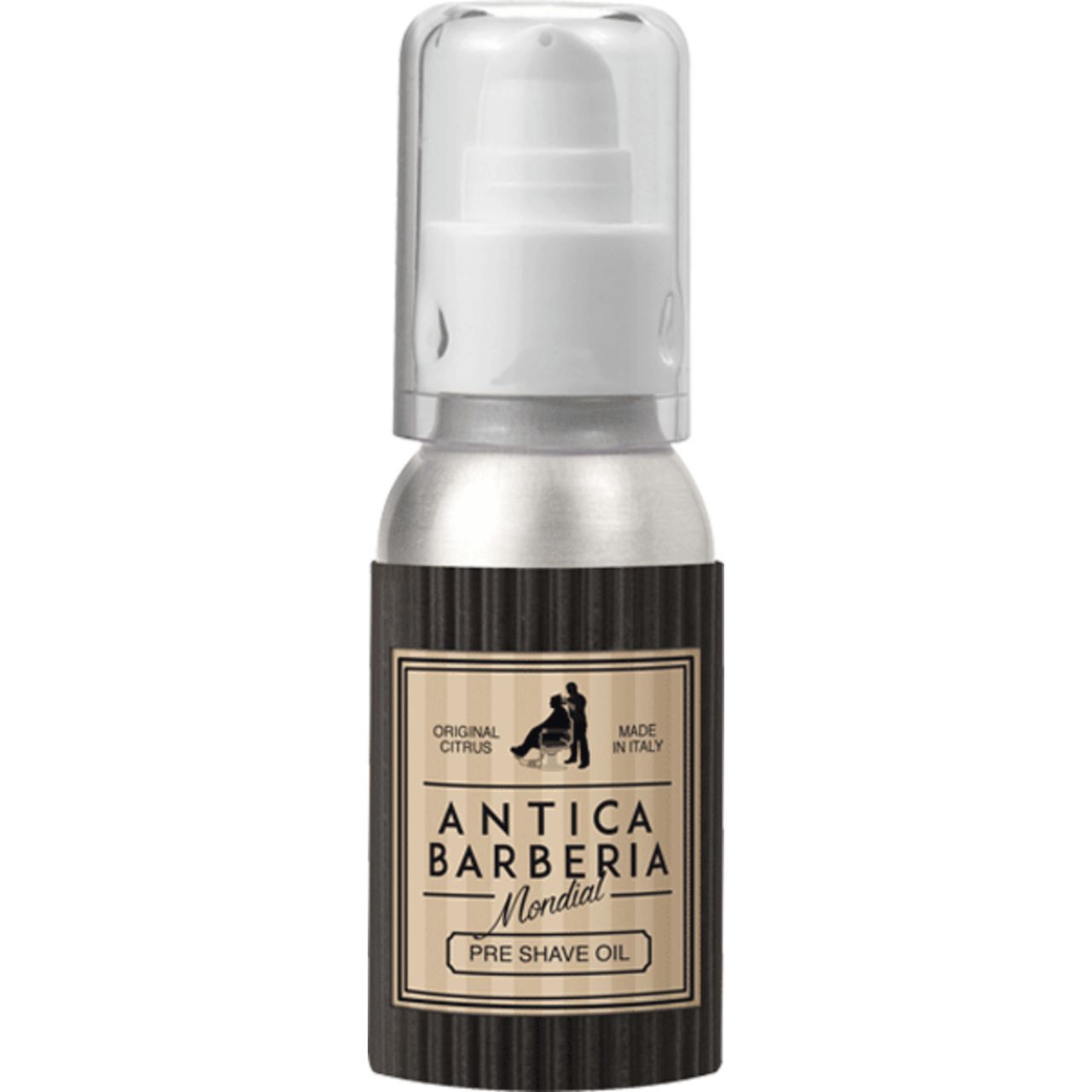 Zylindrische Flasche mit Pumpe. Aufschrift: Antica Barberia Mondial, Pre Shave Oil. Made in Italy.