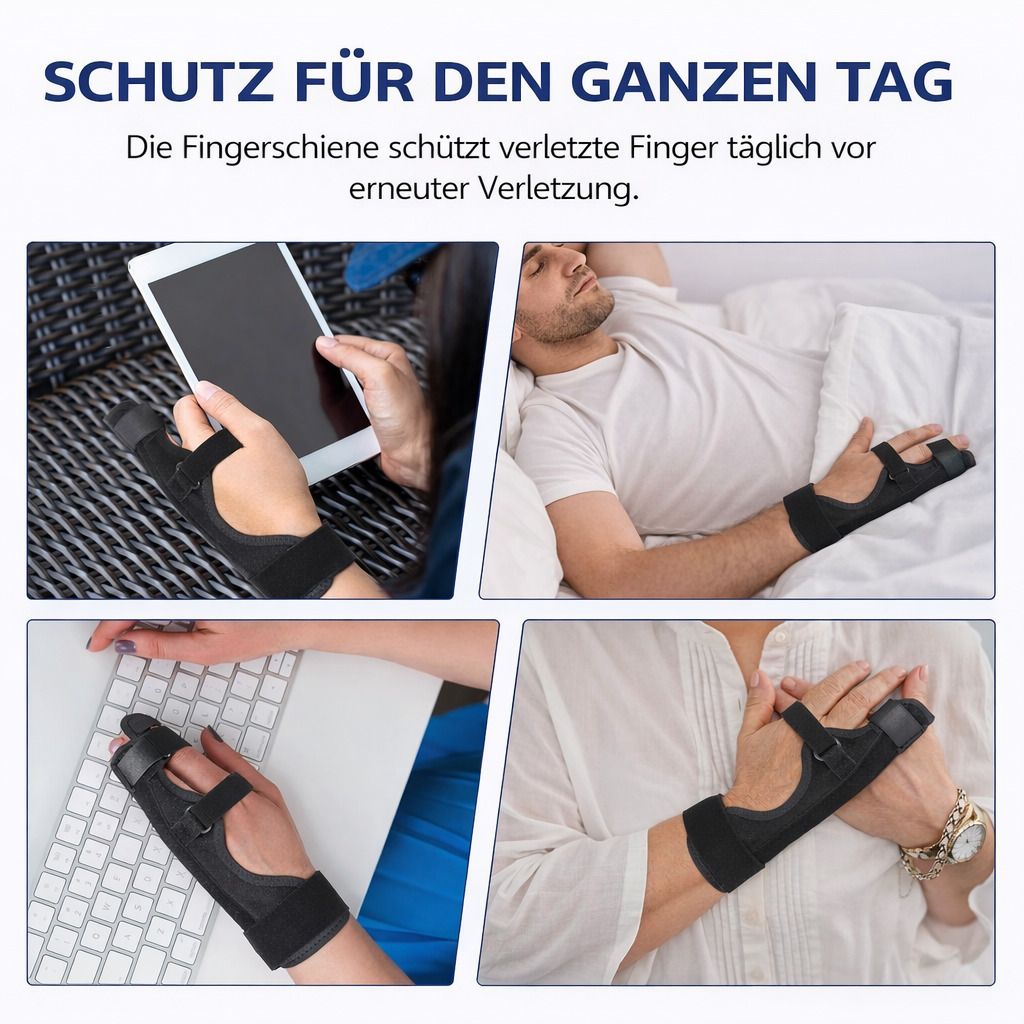 Kleinfinger Schiene in verschiedenen Alltagssituationen: Tippen auf Tablet, am Computer, im Bett liegend. Schützt verletzte Finger vor erneuter Verletzung.