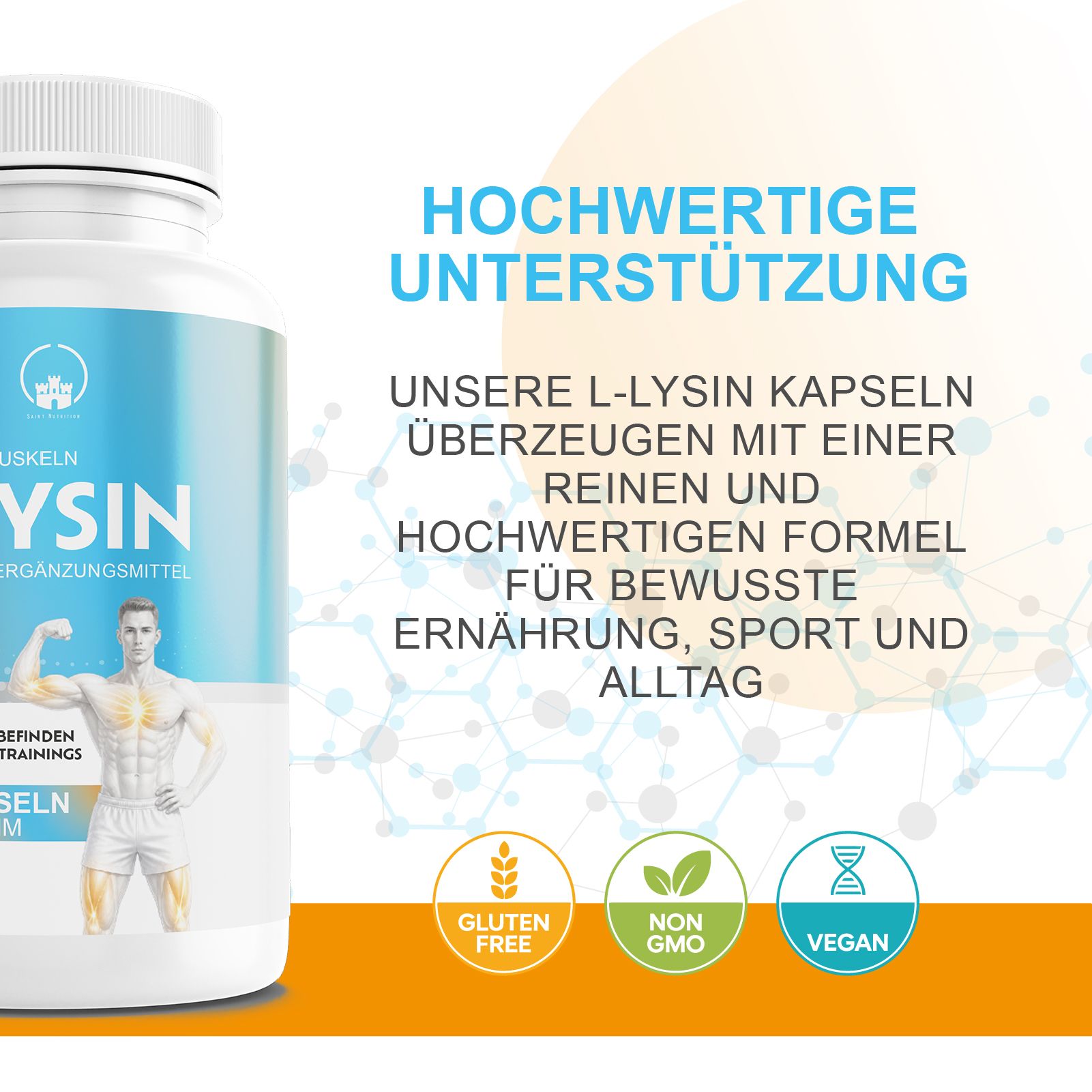 Weiße Flasche mit L-LYSIN. Hochwertige Unterstützung. Glutenfrei, Non-GMO, Vegan.