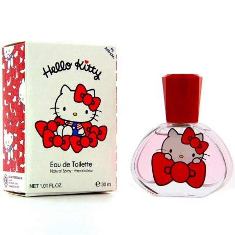 Hello Kitty Eau de Toilette mit Verpackung. Flakon und Schachtel. Schachtel mit Hello Kitty-Motiv und Schriftzug.