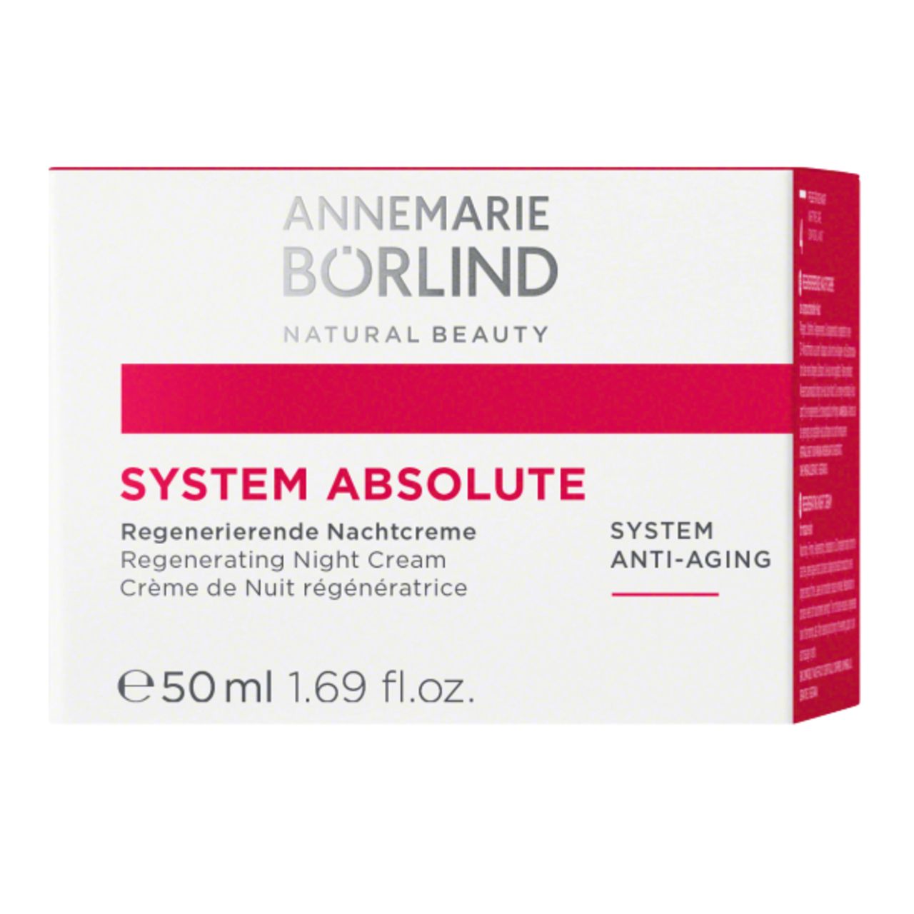 Verpackung. Aufschrift: ANNEMARIE BÖRLIND, SYSTEM ABSOLUTE, Regenerierende Nachtcreme. 50ml.