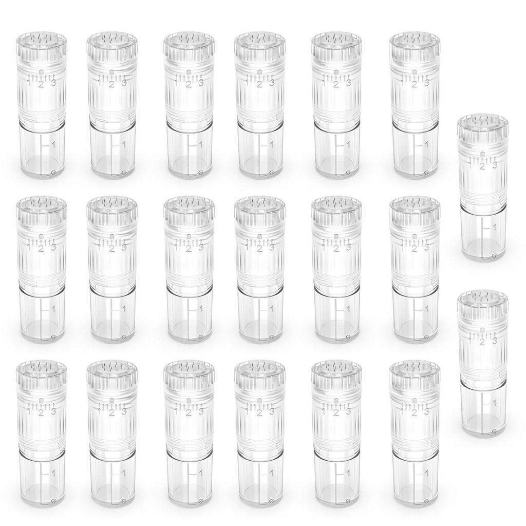 20 transparente Microneedling-Nadeln, zylindrisch, mit Skala. Mehrere Einheiten in einer Anordnung.