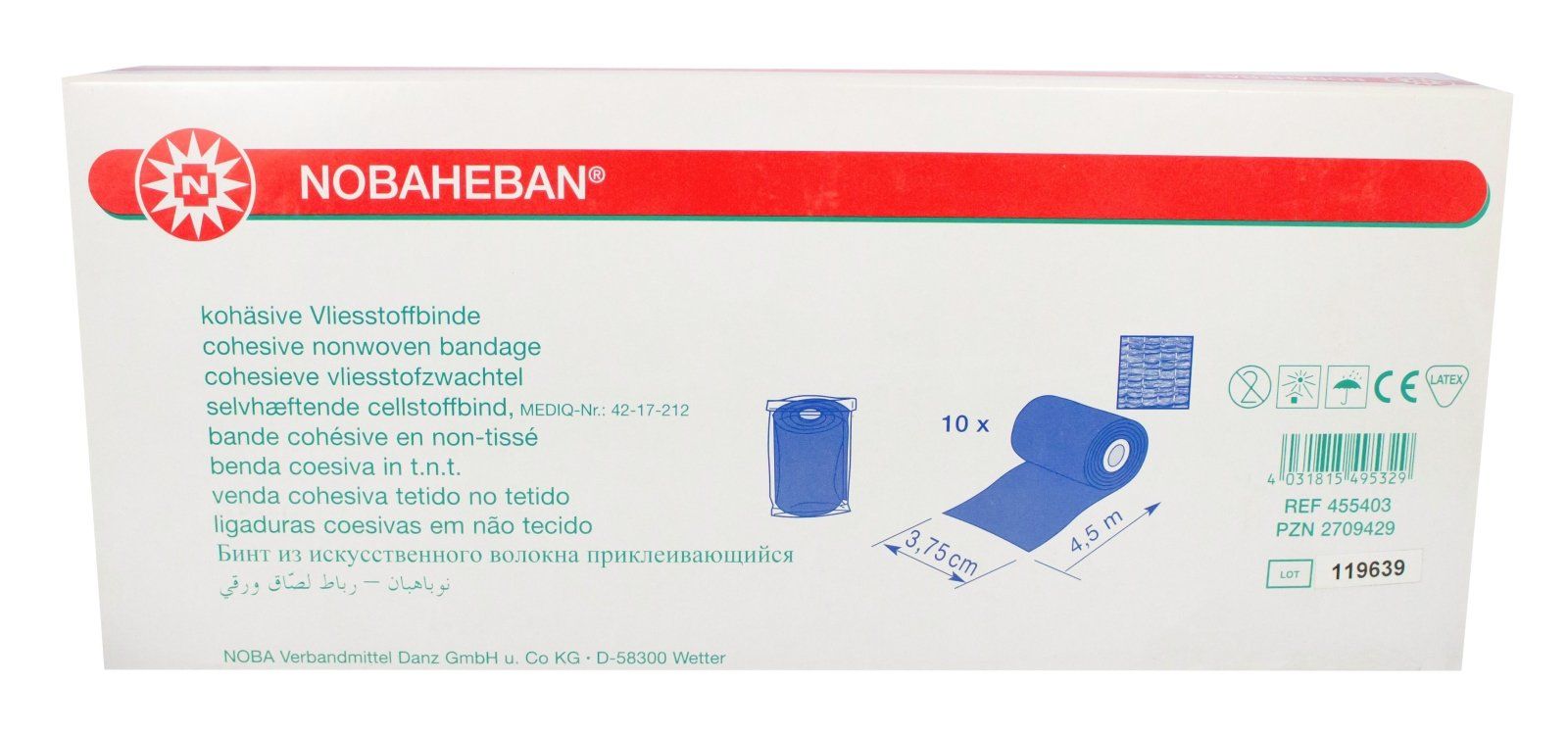 Verpackung von NOBAHEBAN® Kompressionsbinden. Weißer Karton mit roter Schrift und Illustrationen.
