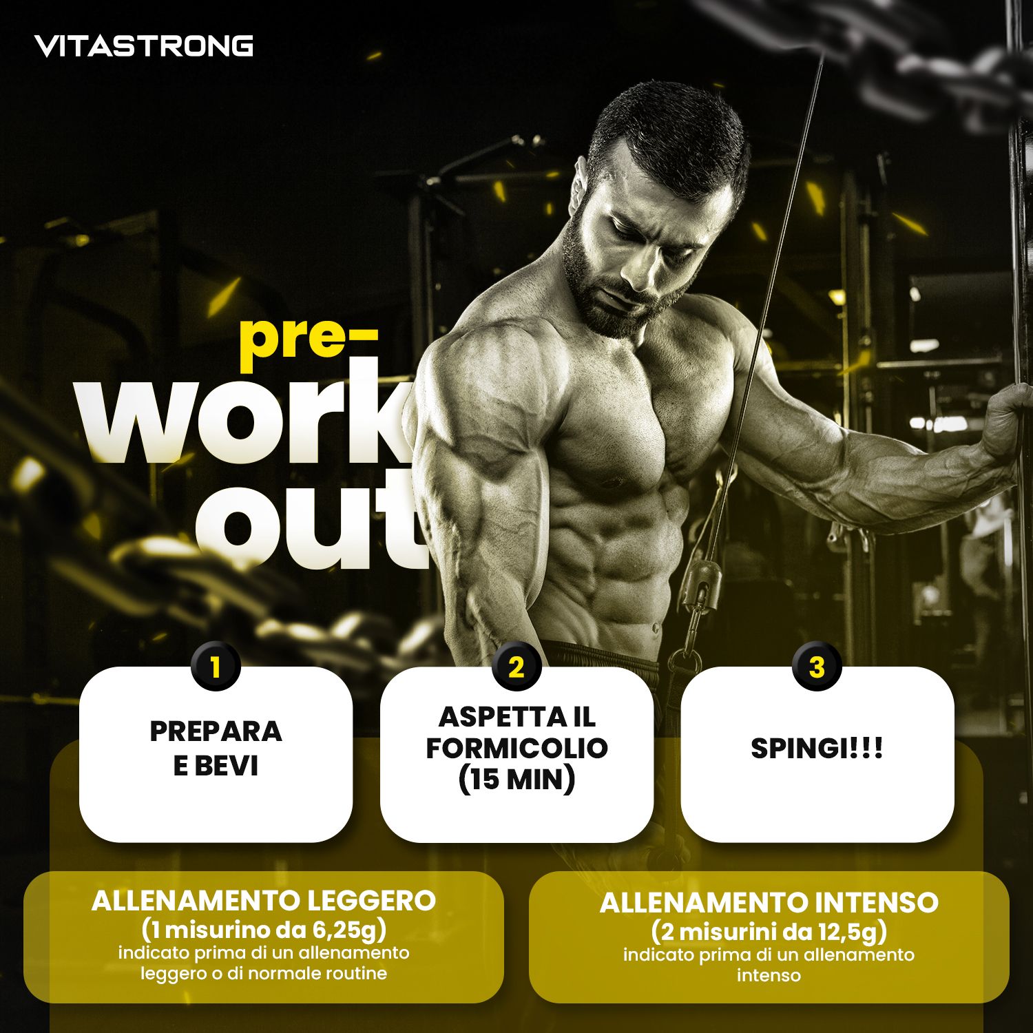 Mann im Fitnessstudio. Text: Pre-Workout. Schritte: Vorbereiten, warten, pushen. Dosierungsanweisungen.