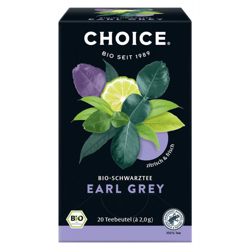 Schwarze Teebox mit "CHOICE"-Logo, floralem Design und Text: "BIO-SCHWARZTEE EARL GREY". Enthält 20 Teebeutel. Bio-Siegel.