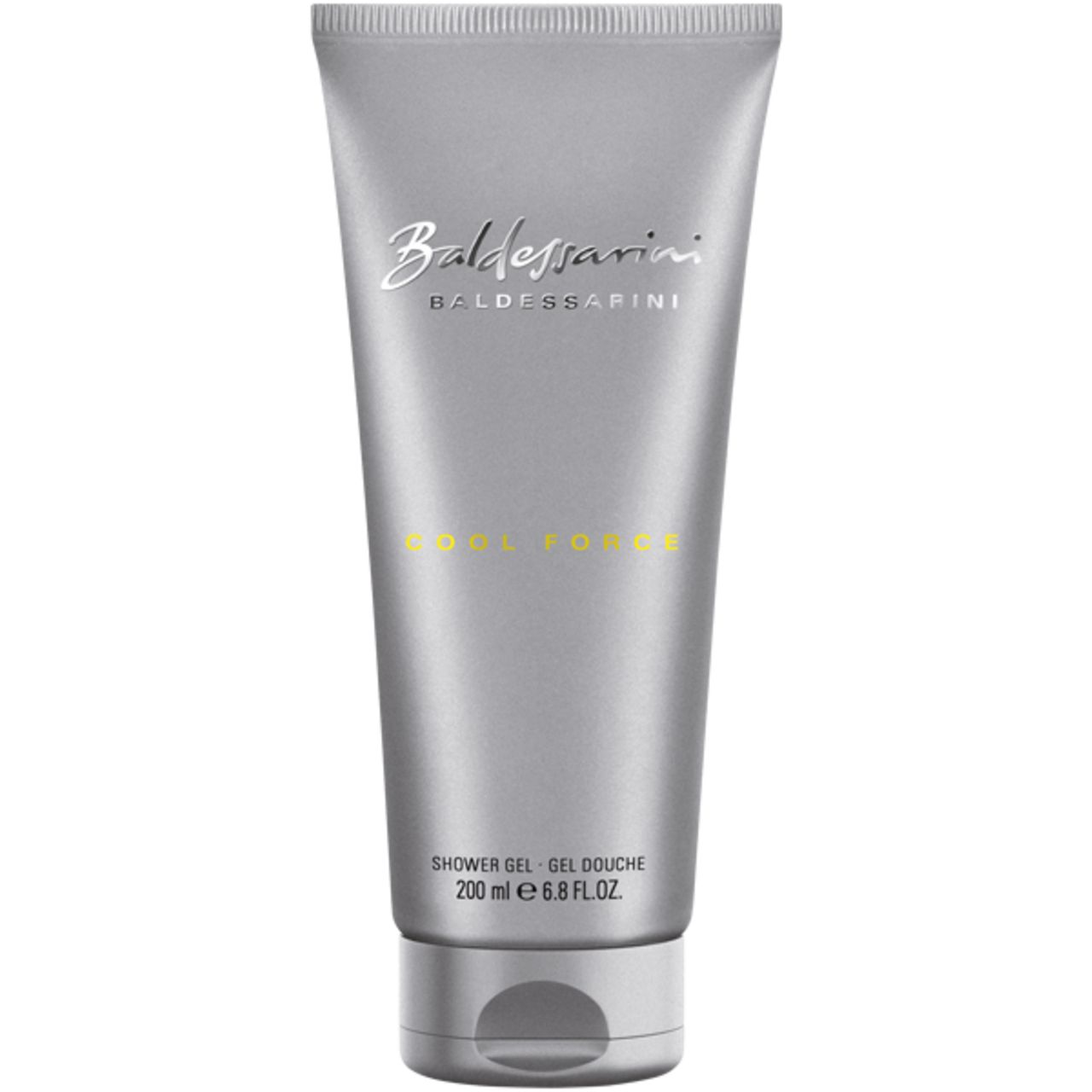 Graue Tube Baldessarini Cool Force Duschgel. Schriftzug in Silber. Unten: 200 ml e 6.8 fl.oz.