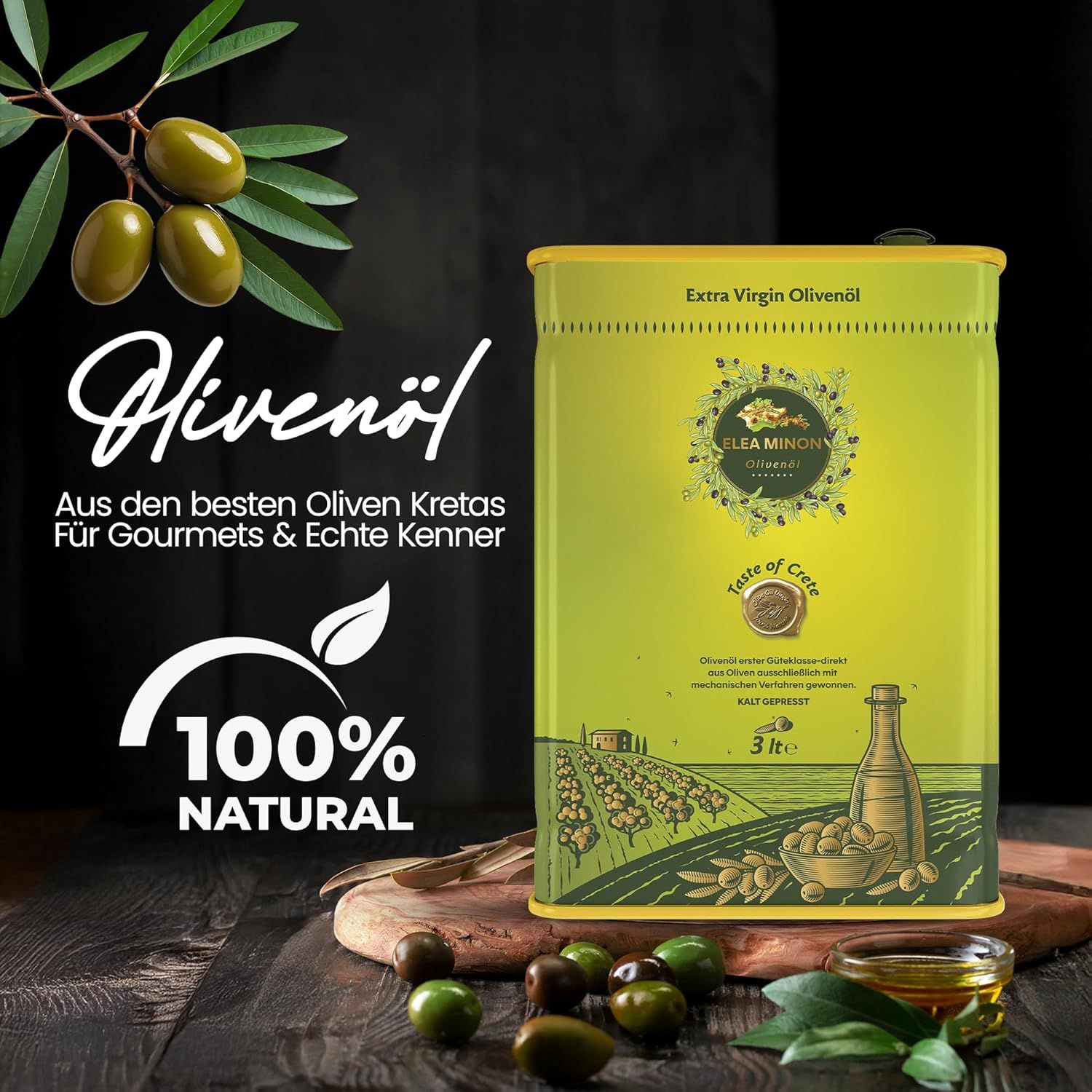 Großer Kanister mit Olivenöl, Aufschrift '100% Natural' und Olivenzweig.