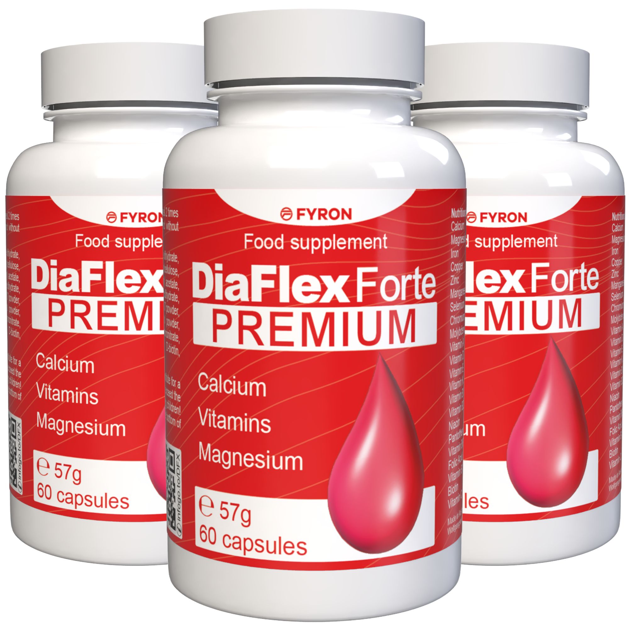 Drei Flaschen FYRON DiaFlex Forte PREMIUM, Nahrungsergänzungsmittel mit 60 Kapseln.