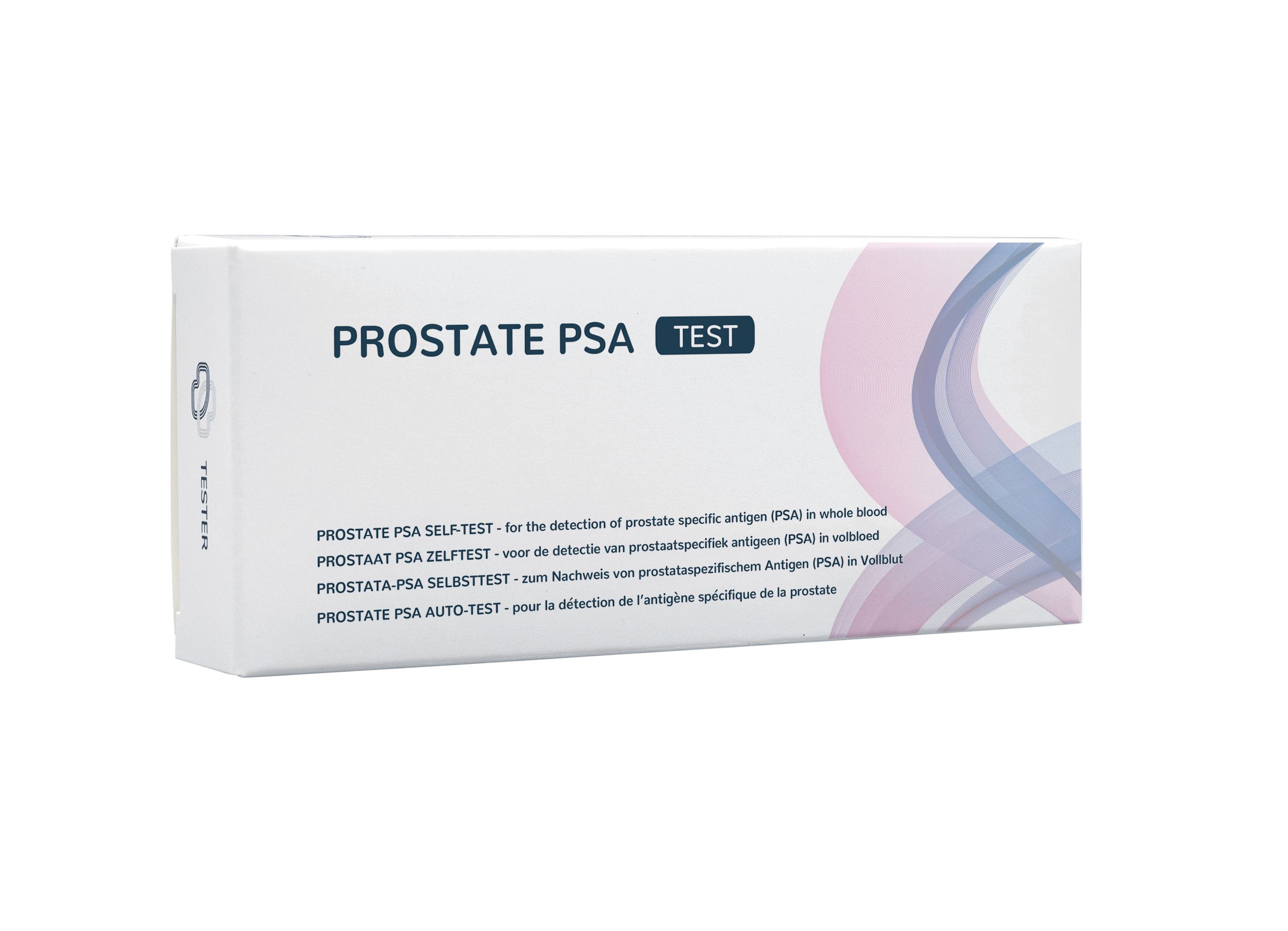 Verpackung des Prostata PSA Selbsttests mit Produktinformationen und mehrsprachigen Texten.