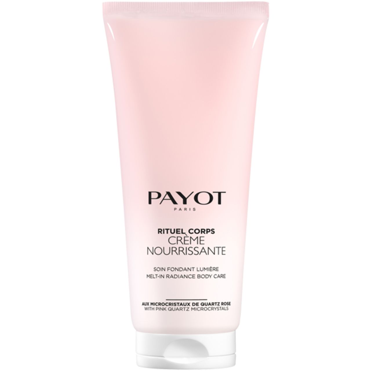 Rosa Tube mit weißem Deckel. Aufschrift: PAYOT PARIS, RITUEL CORPS, CRÈME NOURRISSANTE. Text: SOIN FONDANT LUMIÈRE, MELT-IN RADIANCE BODY CARE.