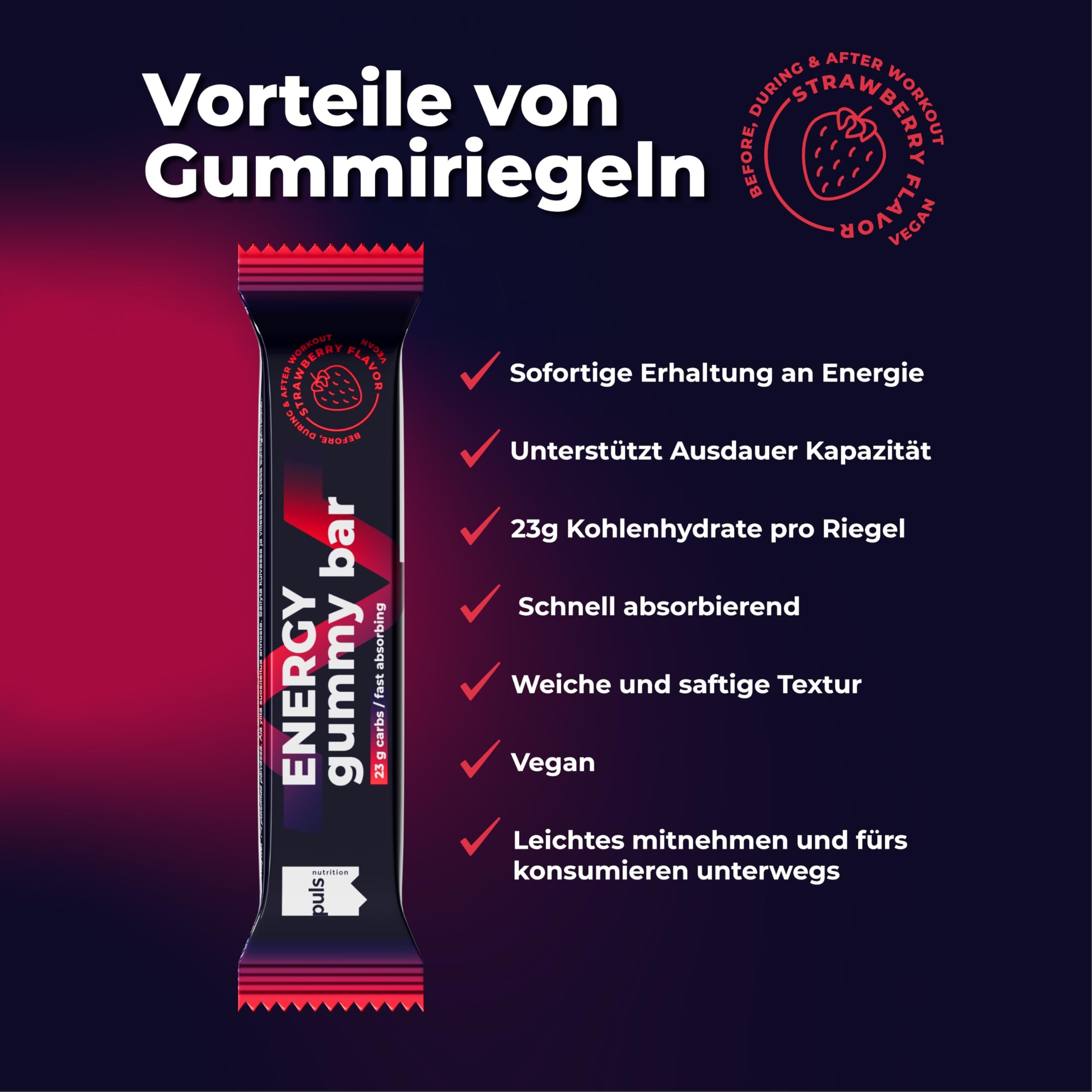 Ein einzelner Puls Nutrition Energy Gummy Bar in roter und schwarzer Verpackung mit Erdbeer-Design.