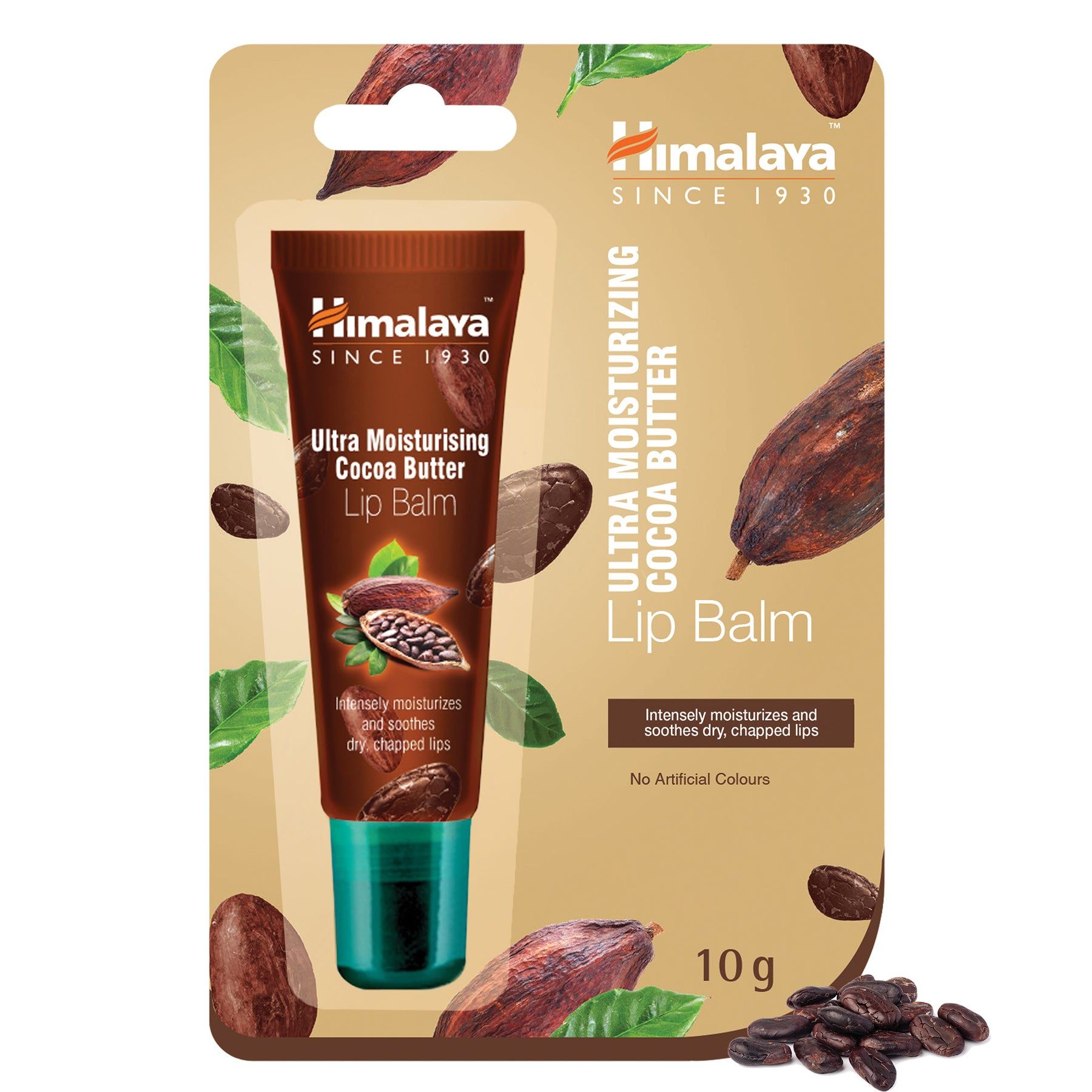 Lippenbalsam-Tube in Verpackung. Braune Tube mit grünem Deckel. Aufschrift: Ultra Moisturising Cocoa Butter Lip Balm. Marke: Himalaya.