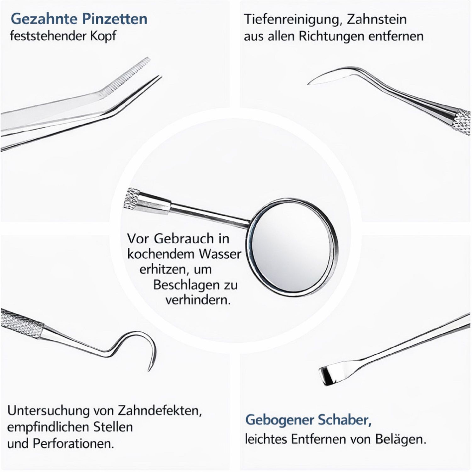 Nahaufnahme von Zahnwerkzeugen. Gezahnte Pinzette, Spiegel, gebogener Schaber, Untersuchungswerkzeug, und ein Werkzeug zur Zahnsteinentfernung.