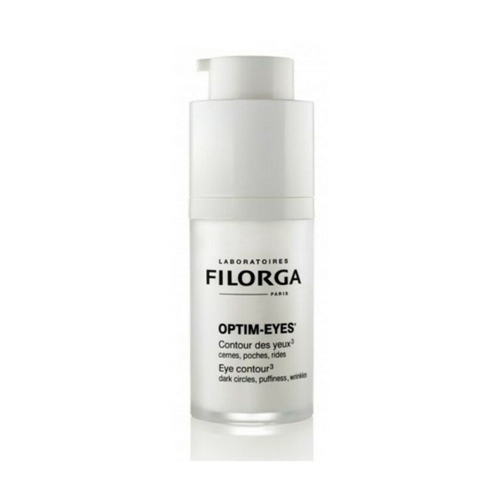 Weißer Filorga Optim-Eyes Augenkonturen Pflege-Spender. Mit Pumpkopf und Produktbezeichnung.