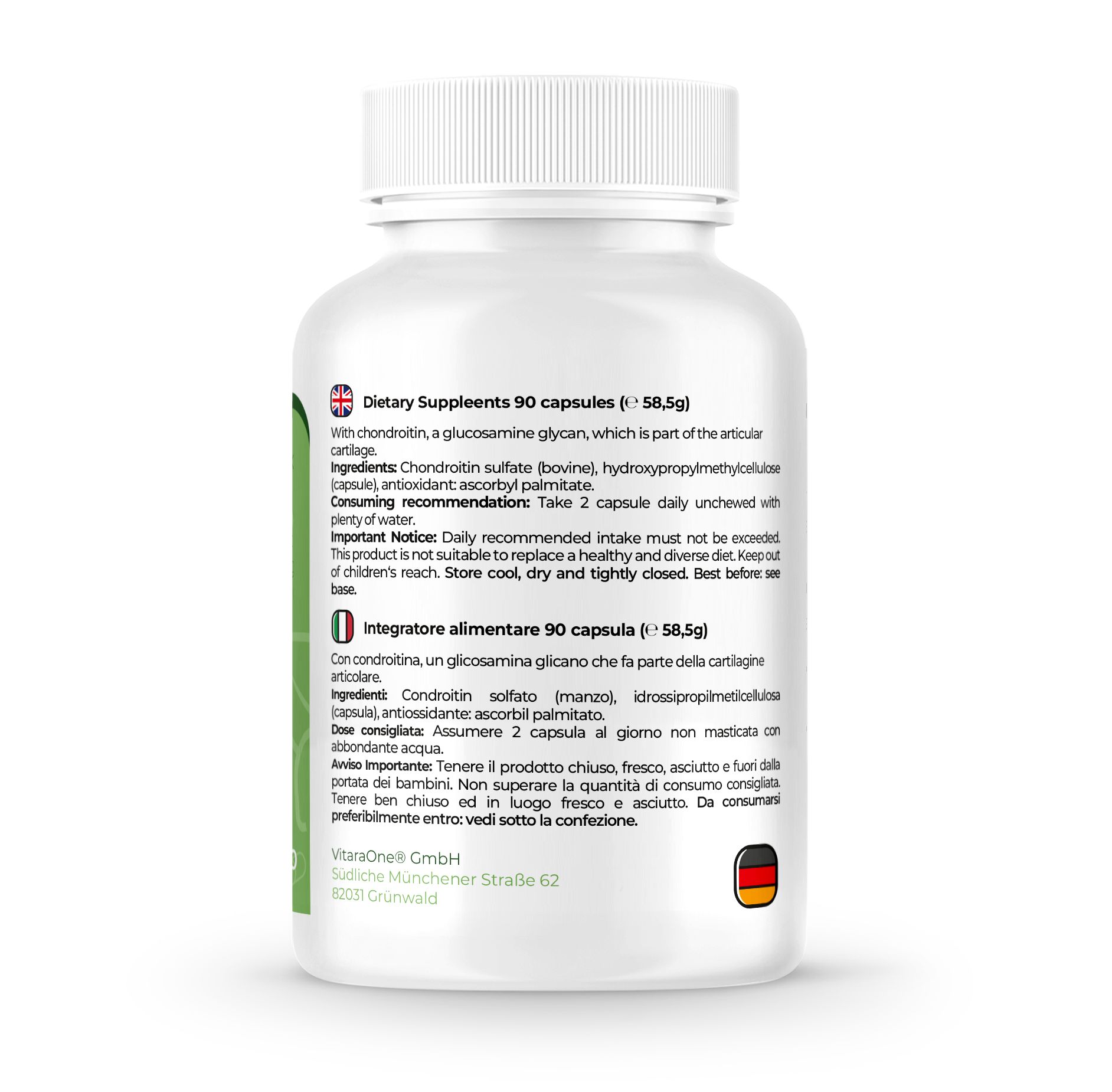 Rückseite einer weißen Flasche. Text: Nahrungsergänzungsmittel. 90 Kapseln. Inhaltsstoffe, Verzehrempfehlung, Hinweise.