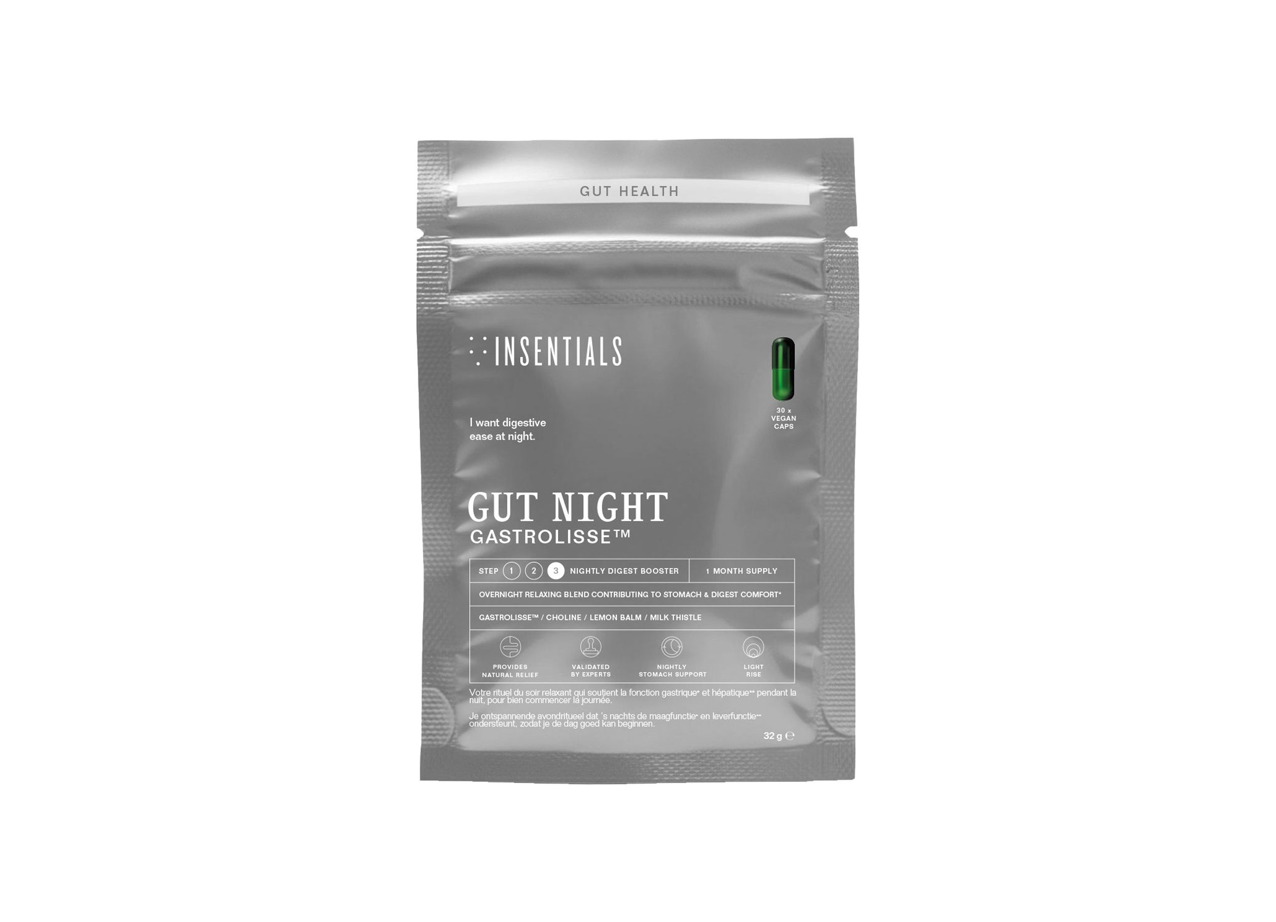 Grauer Beutel mit Text. Aufschrift: Insentials. Gut Night. Gastrolisse. Kapsel-Symbol. Gut Health.