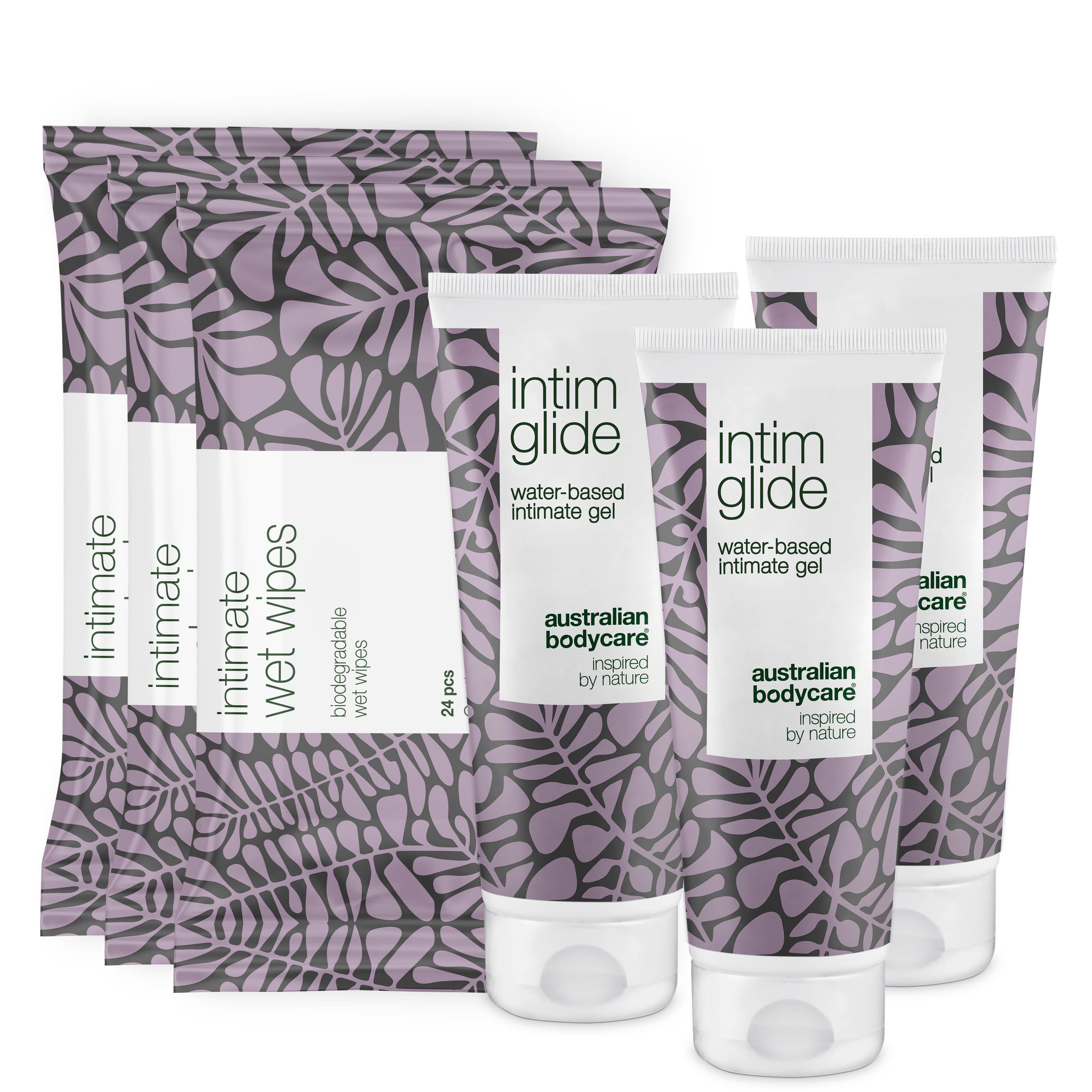 Mehrere Tuben Intim-Gel und Packungen Feuchttücher. Aufdruck: Intim Glide, Australian Bodycare.
