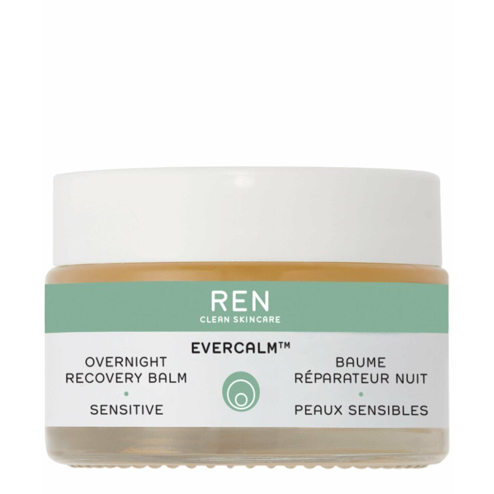 Glasbehälter mit weißem Deckel. Aufschrift: REN CLEAN SKINCARE, EVERCALM, Overnight Recovery Balm, Sensitive. Mintfarbenes Band.