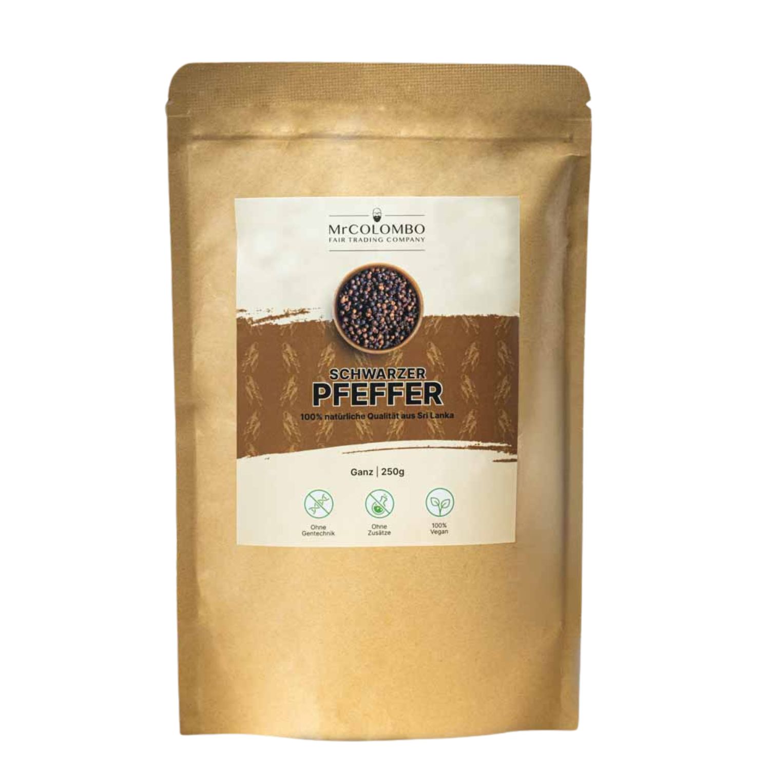 Beutel MrCOLOMBO Schwarzer Pfeffer. Aufschrift: Schwarzer Pfeffer, Ganz, 250g. Logo: Fair Trading Company. Siegel: Ohne Gentechnik, Ohne Zusätze, Vegan.