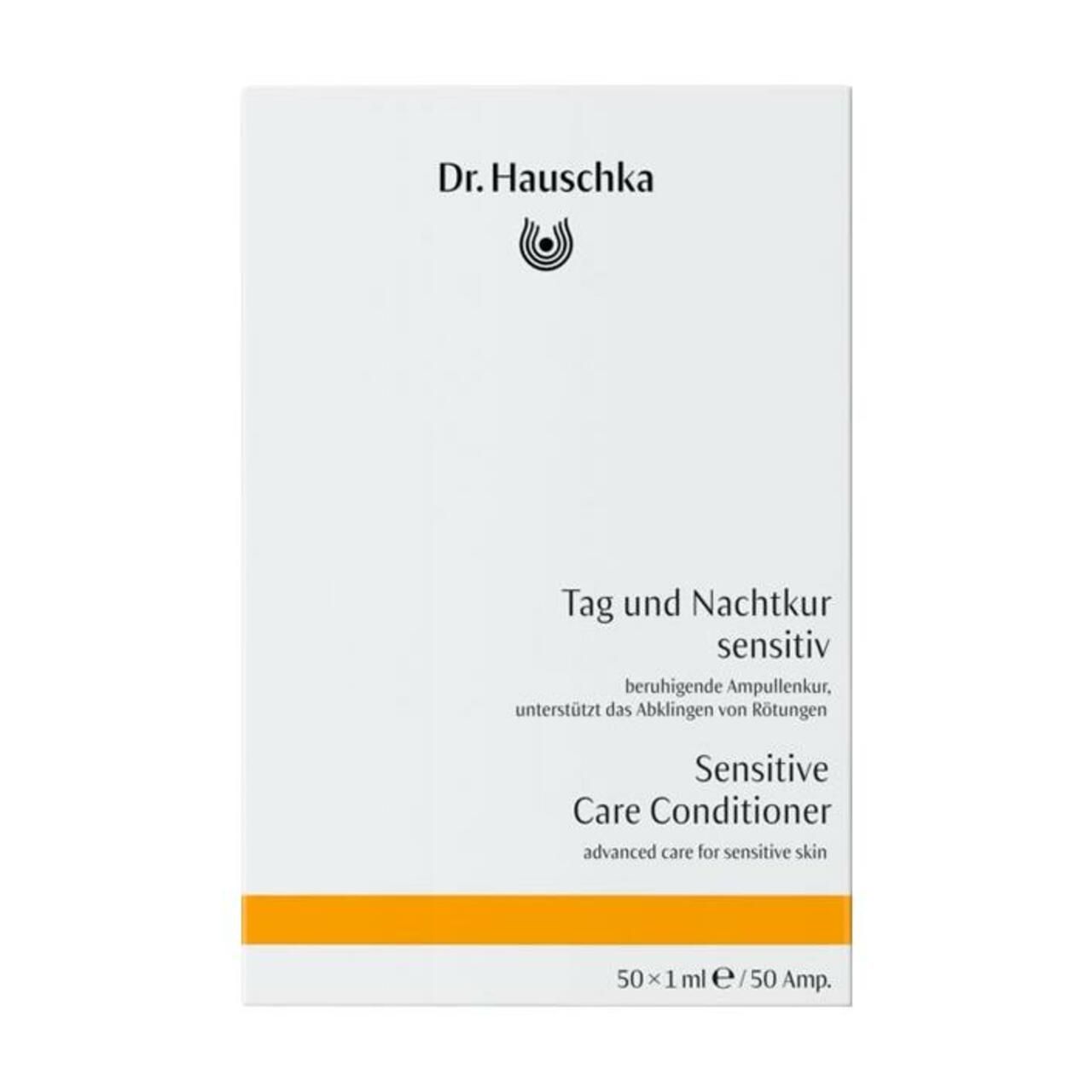 Weißer Karton mit Produktaufdruck. Oben: Dr. Hauschka Logo. Text: Tag und Nachtkur sensitiv, Sensitive Care Conditioner.