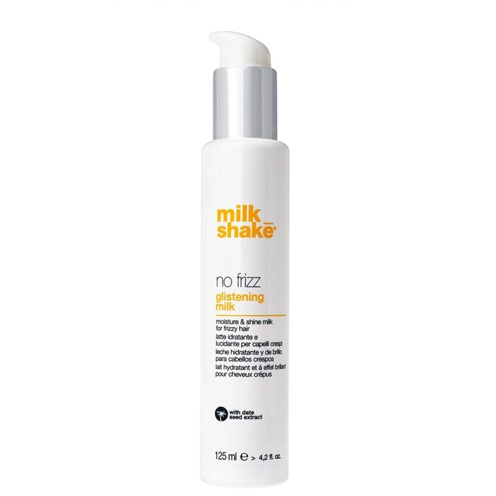 Weiße Flasche mit Pumpe. Aufschrift: Milk_Shake, No Frizz Glistening Milk. Mehrsprachige Produktbeschreibung. Unten: 125 ml.