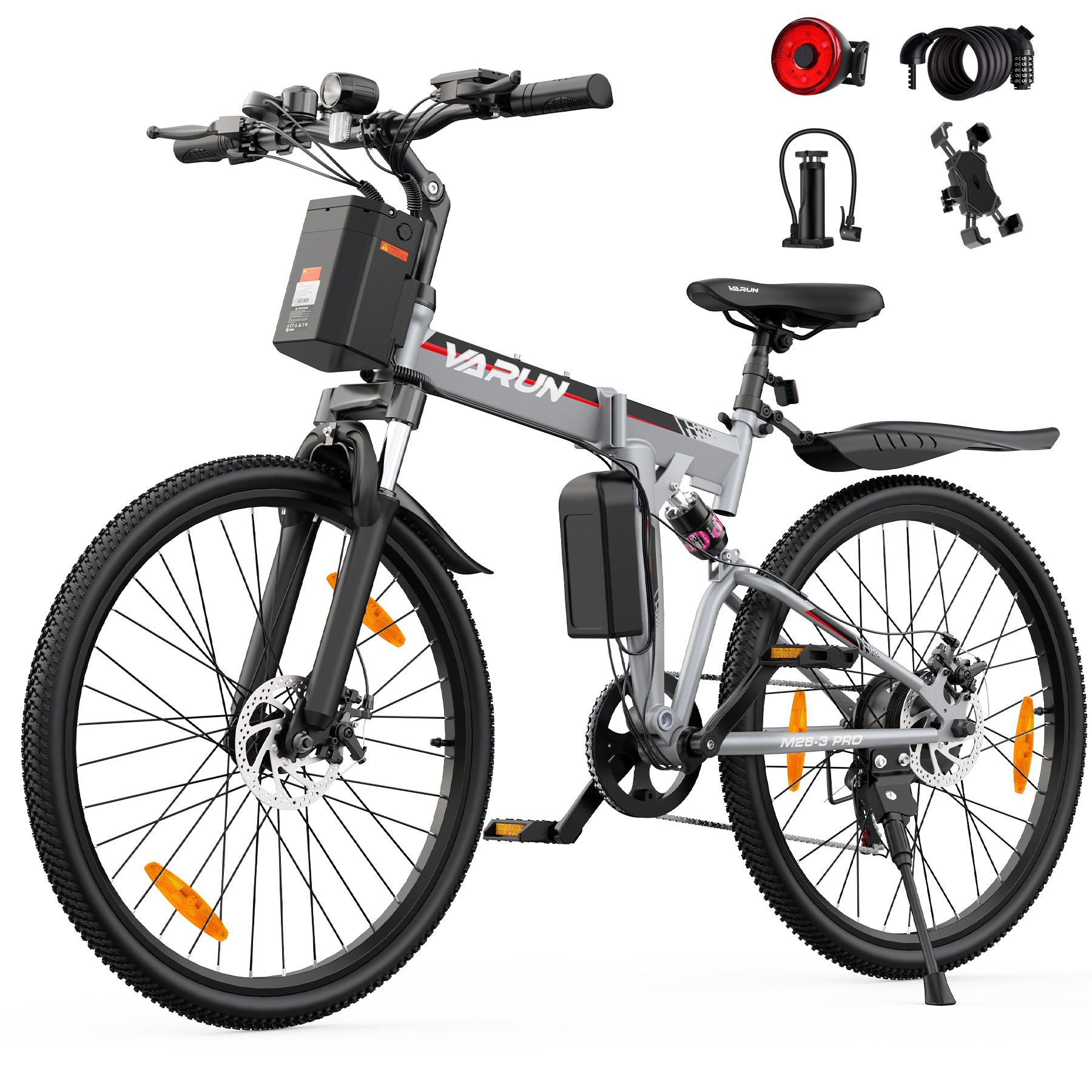 Faltbares E-Bike, silberfarben, mit schwarzem Rahmen und Reifen. Zubehör: Rücklicht, Pumpe, Handyhalterung.