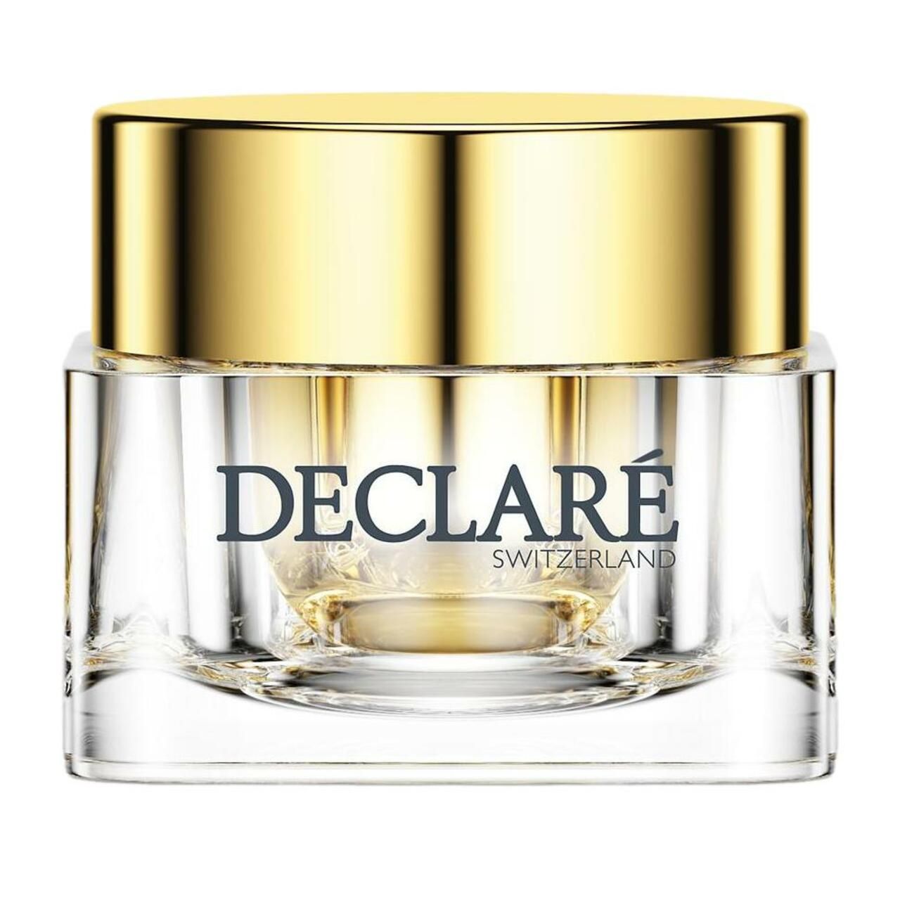 Creme-Glasbehälter mit goldenem Deckel. Aufschrift: DECLARE SWITZERLAND.