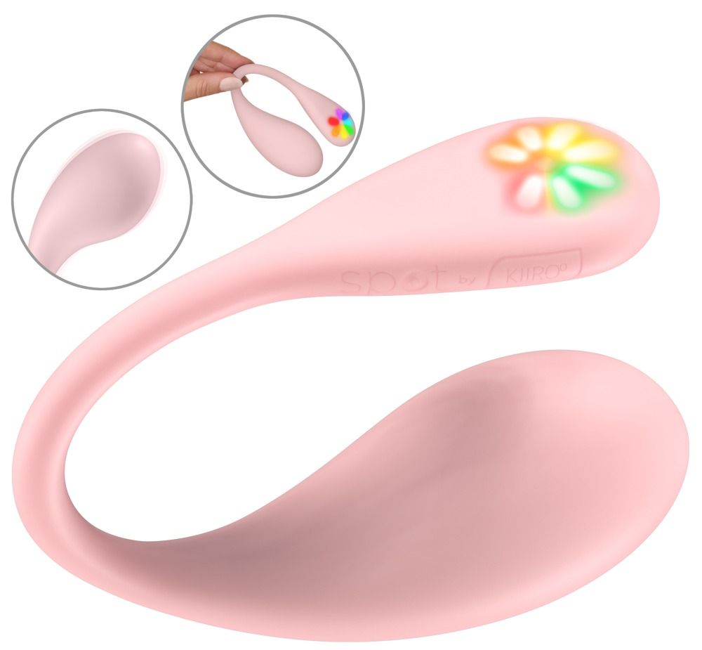 Rosa Auflegvibrator mit blütenförmigem Licht. Zwei separate, runde Aufsätze. Zusätzliche Nahaufnahmen.