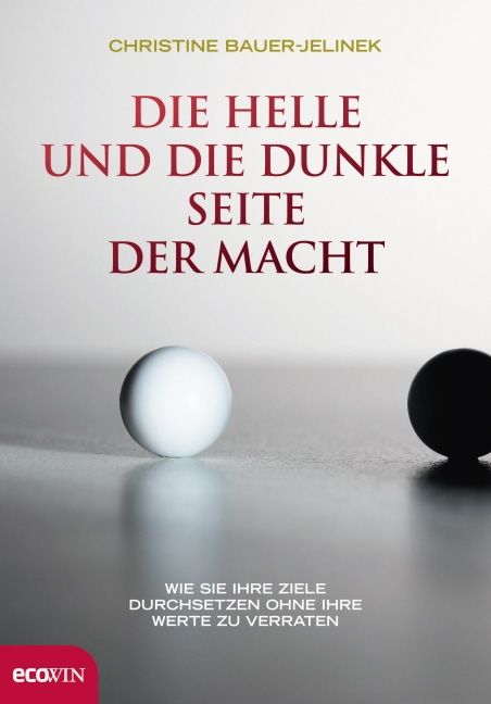 Buchcover mit Titel "Die helle und die dunkle Seite der Macht". Autorin: Christine Bauer-Jelinek. Zwei Kugeln, eine weiß, eine schwarz.