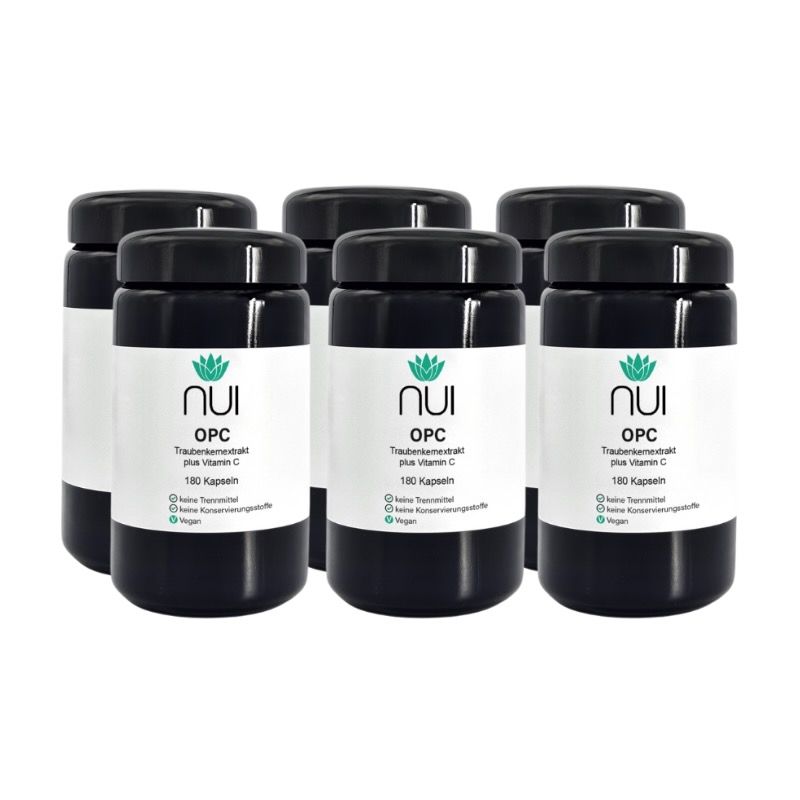 Sechs schwarze Flaschen mit weißem Etikett. Auf dem Etikett steht "NUI OPC Traubenkernextrakt plus Vitamin C".