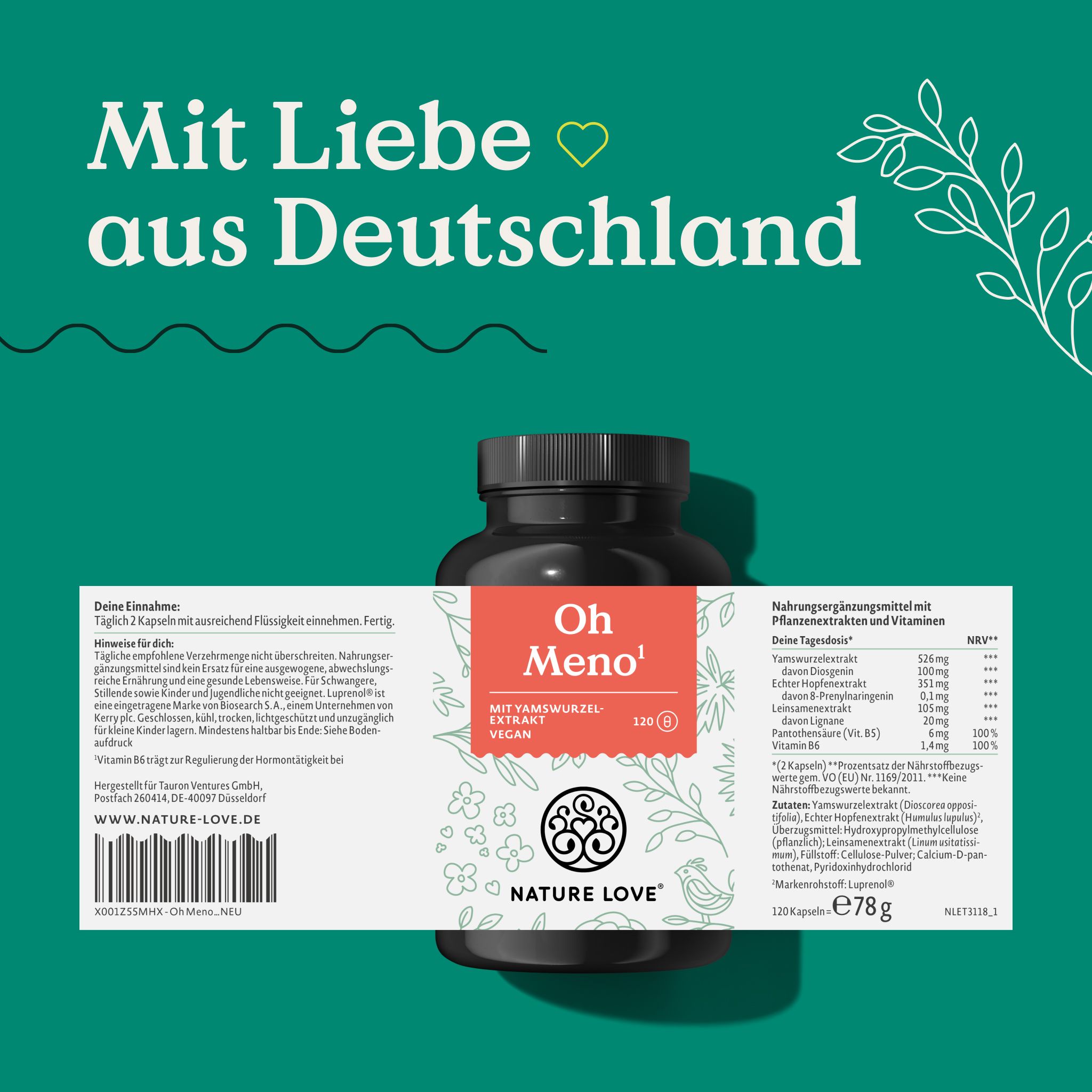 NATURE LOVE® Oh Meno – Wechseljahre – 120 Kapseln – 526mg Yamswurzel-, Leinsamenextrakt & Vit B5, B6