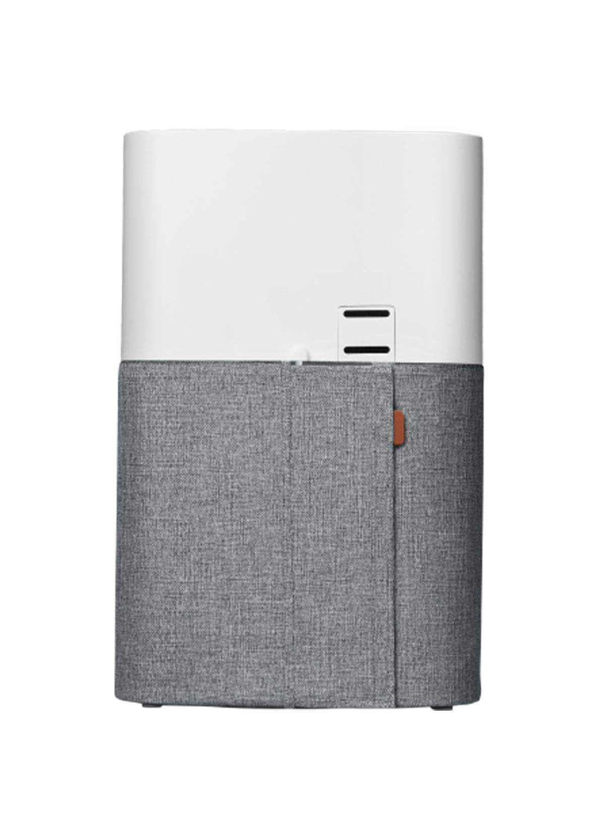 Luftreiniger, zweifarbig. Oberteil weiß, Unterteil grau. Rückseite mit Lüftungsschlitzen und einem braunen Detail.