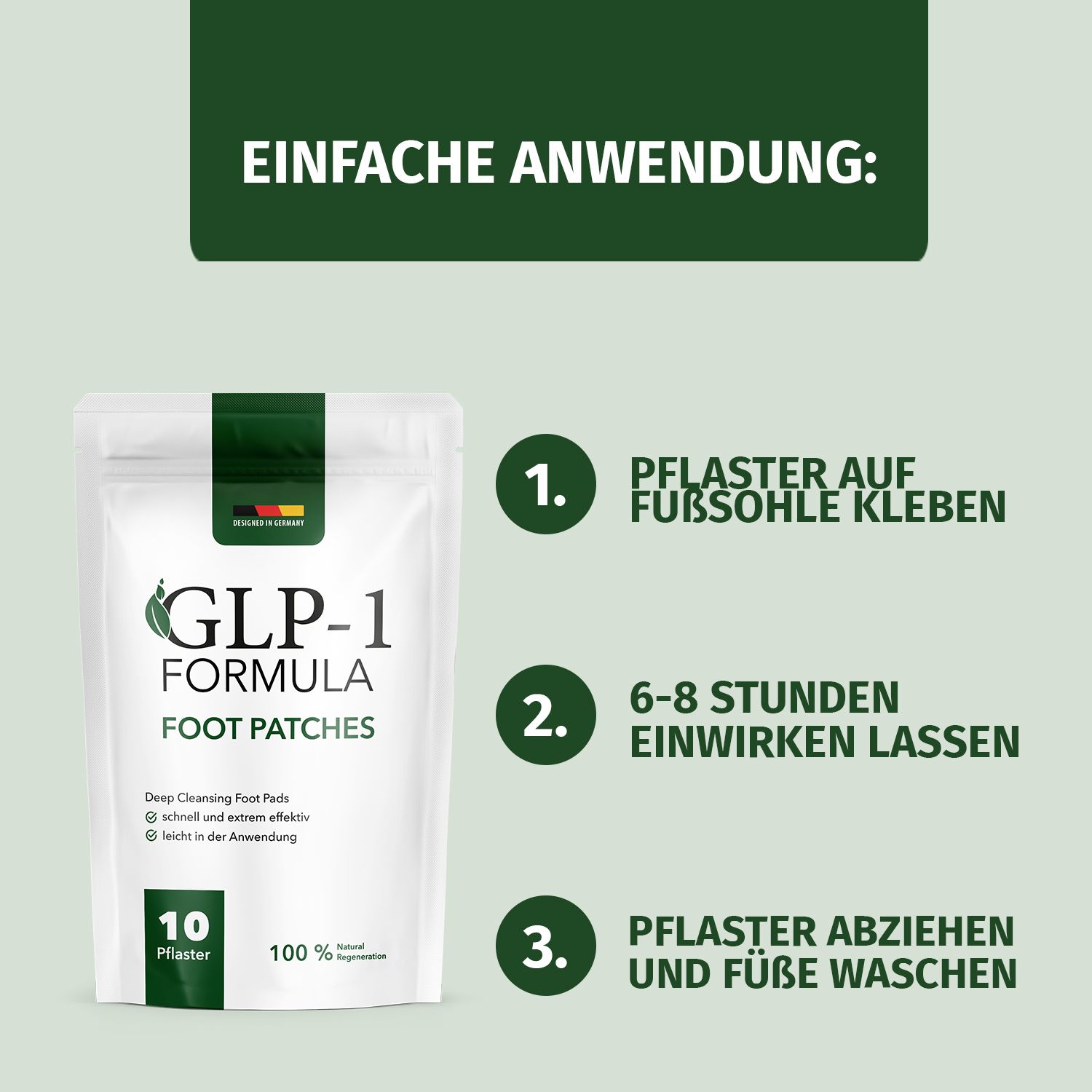 Weiße Verpackung mit grünem Streifen. Aufschrift: GLP-1 FORMULA FOOT PATCHES. 10 Pflaster. Einfache Anwendung: 3 Schritte.