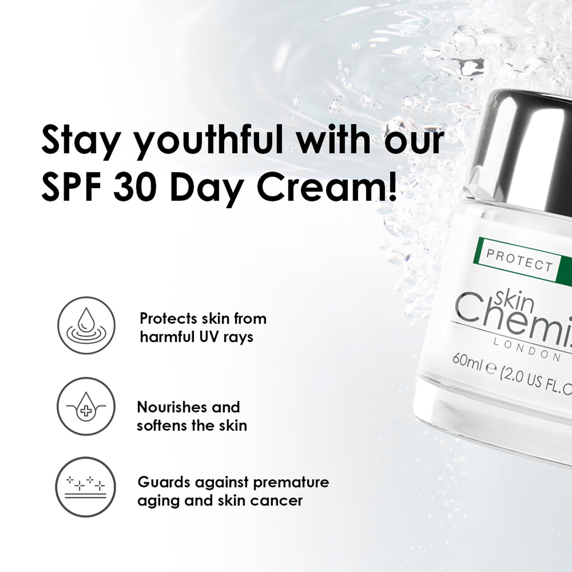 Nahaufnahme einer Creme-Flasche. Aufschrift: skinChemists, SPF 30 Day Cream. Text: Schützt vor UV-Strahlen, pflegt und macht weich, beugt Hautalterung vor.