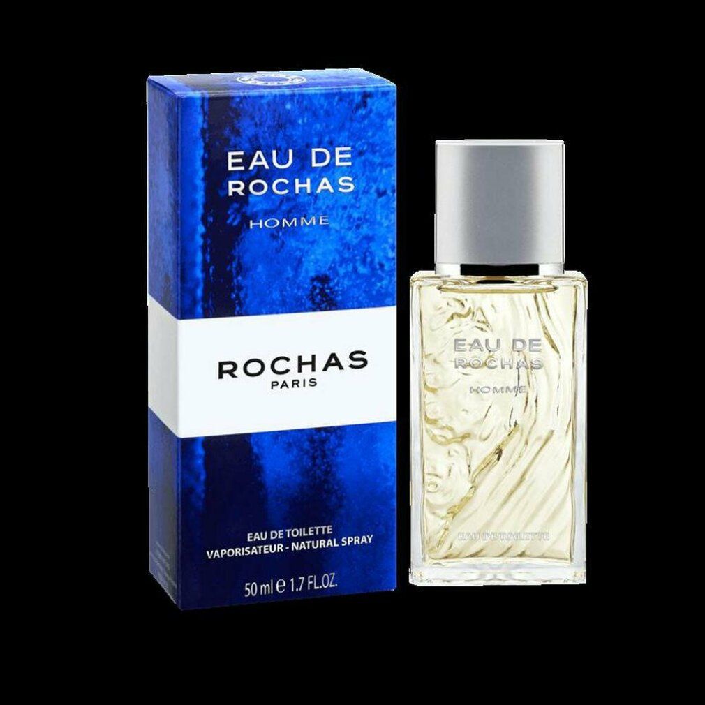 Eau de Rochas Flakon und Verpackung. Aufschrift: Eau de Rochas Homme, Eau de Toilette, 50 ml.