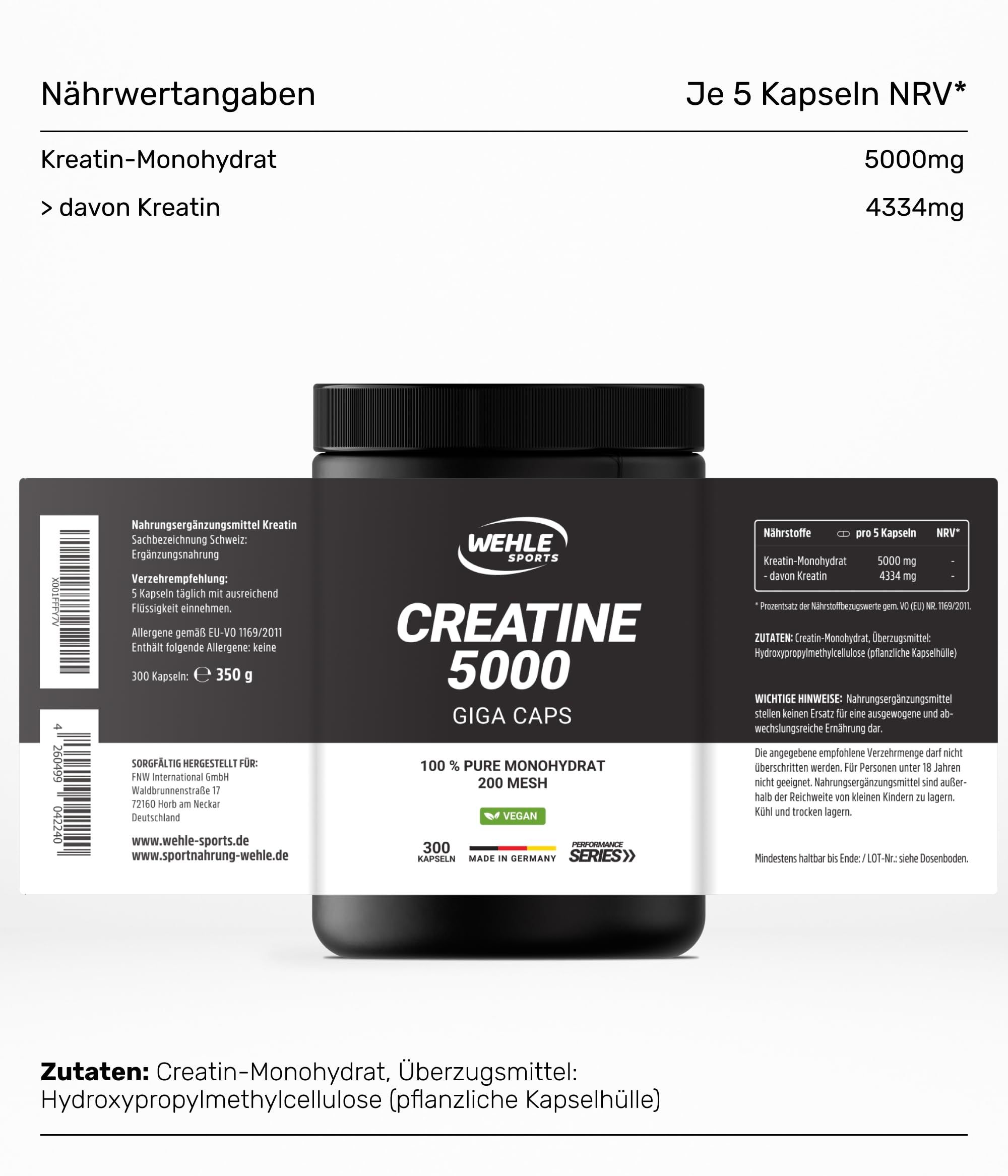 Produktverpackung mit Nährwertangaben. 'Creatine 5000' Dose. 'Wehle Sports' Logo. Text: 300 Kapseln.