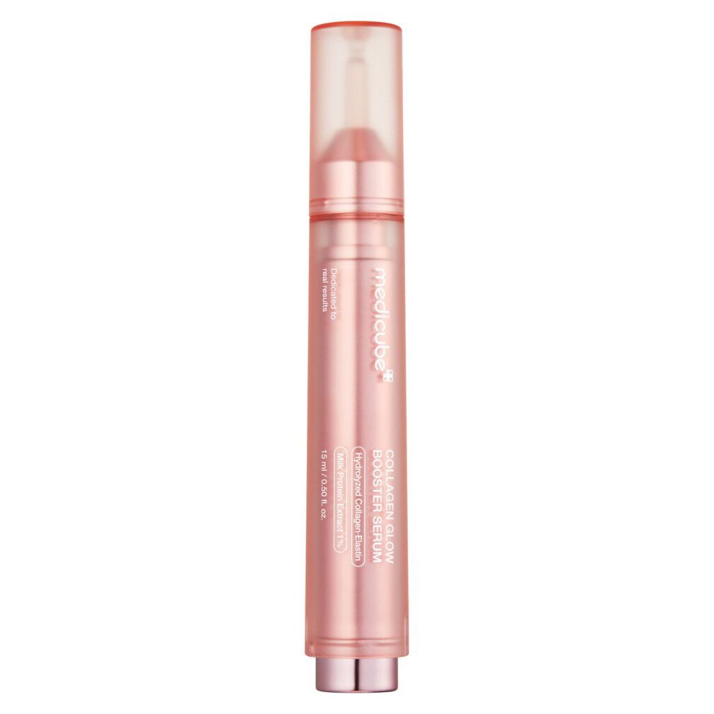 Rosa Serum-Applikator mit silbernem Detail und durchsichtigem Deckel. "Collagen Glow Booster Serum" beschriftet.