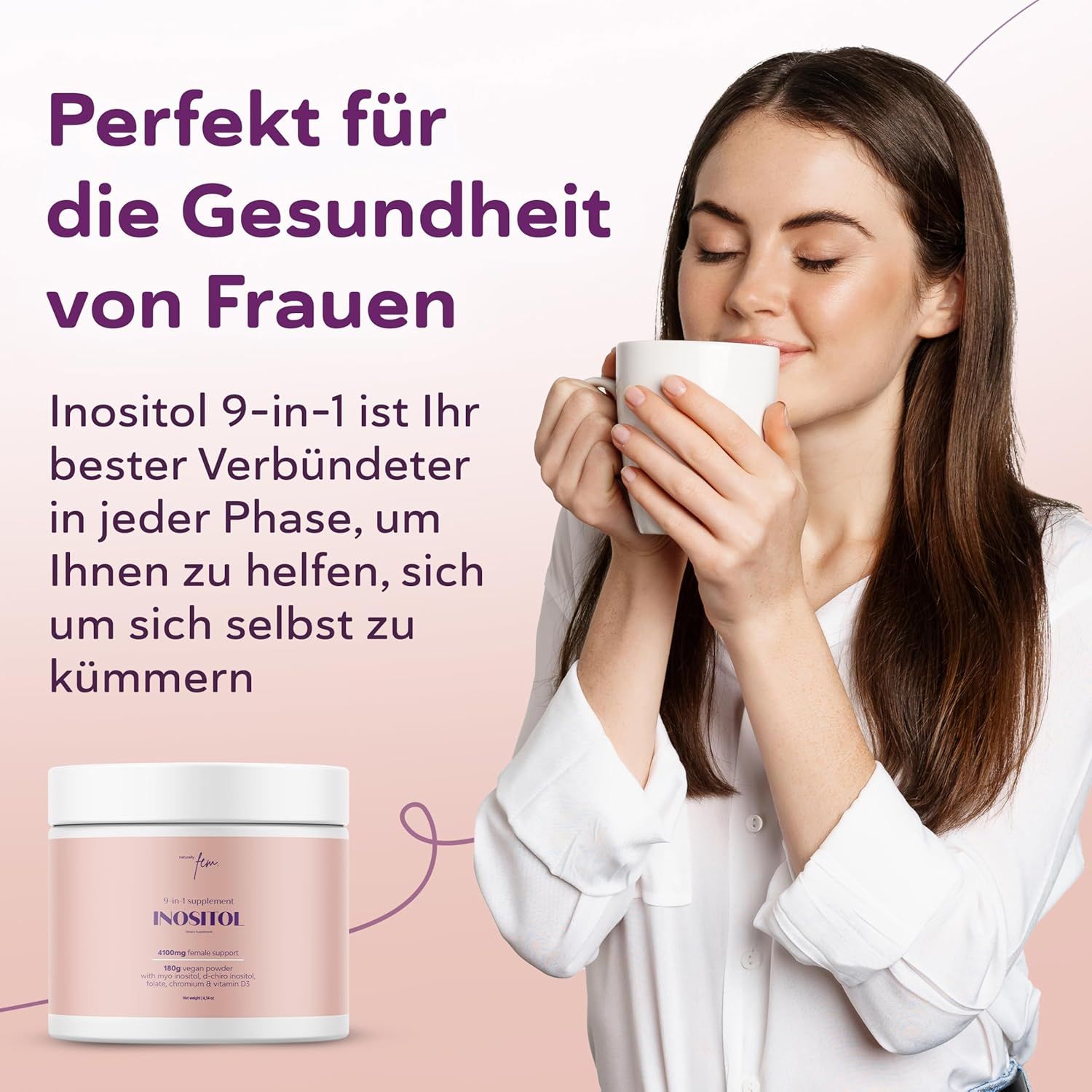 QSTA D-Chiro & Myo Inositol Pulver: Frau trinkt eine Tasse, unterstützt die Frauengesundheit.