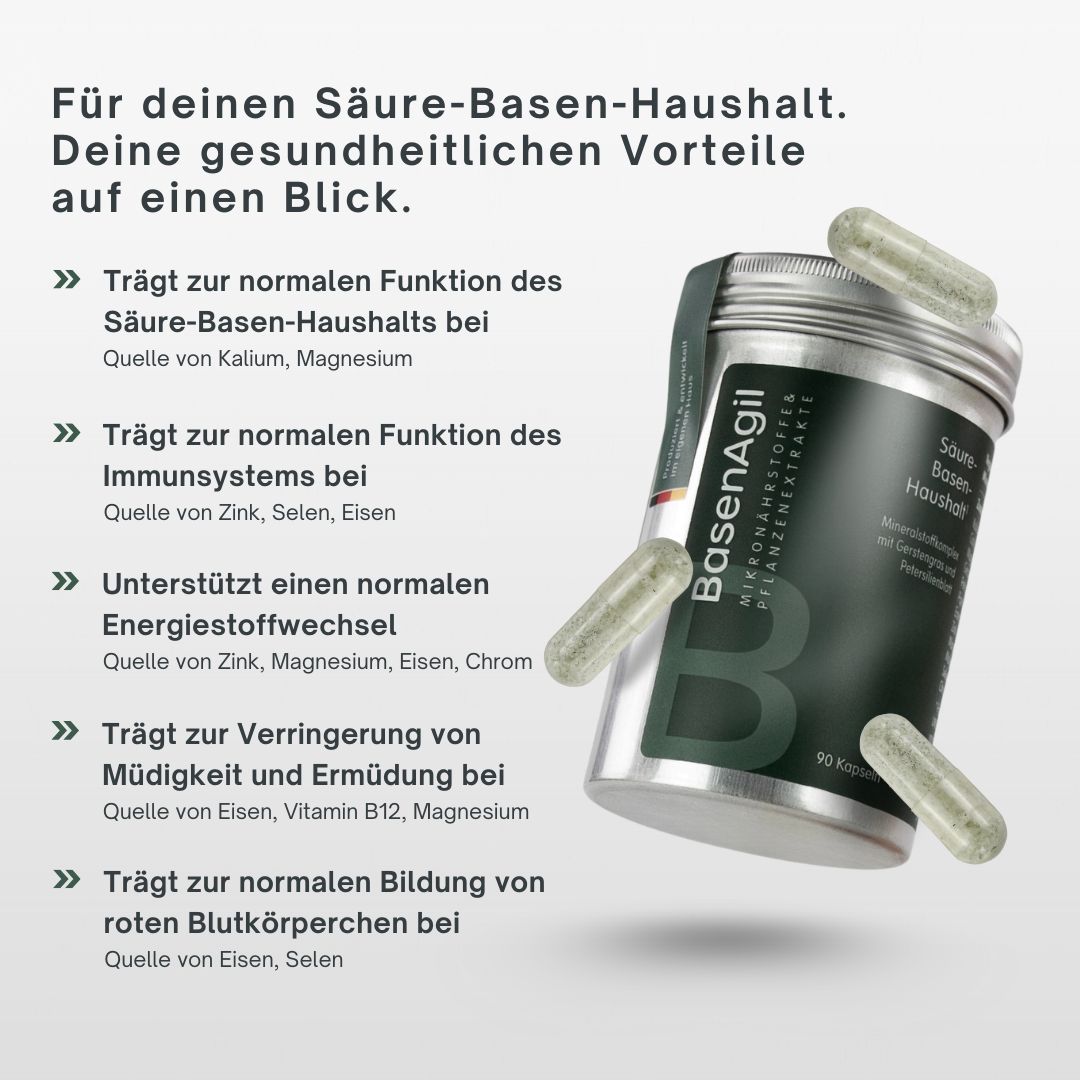 Silberne Dose mit grünem Etikett. Aufschrift BasenAgil. 90 Kapseln. Daneben Kapseln.