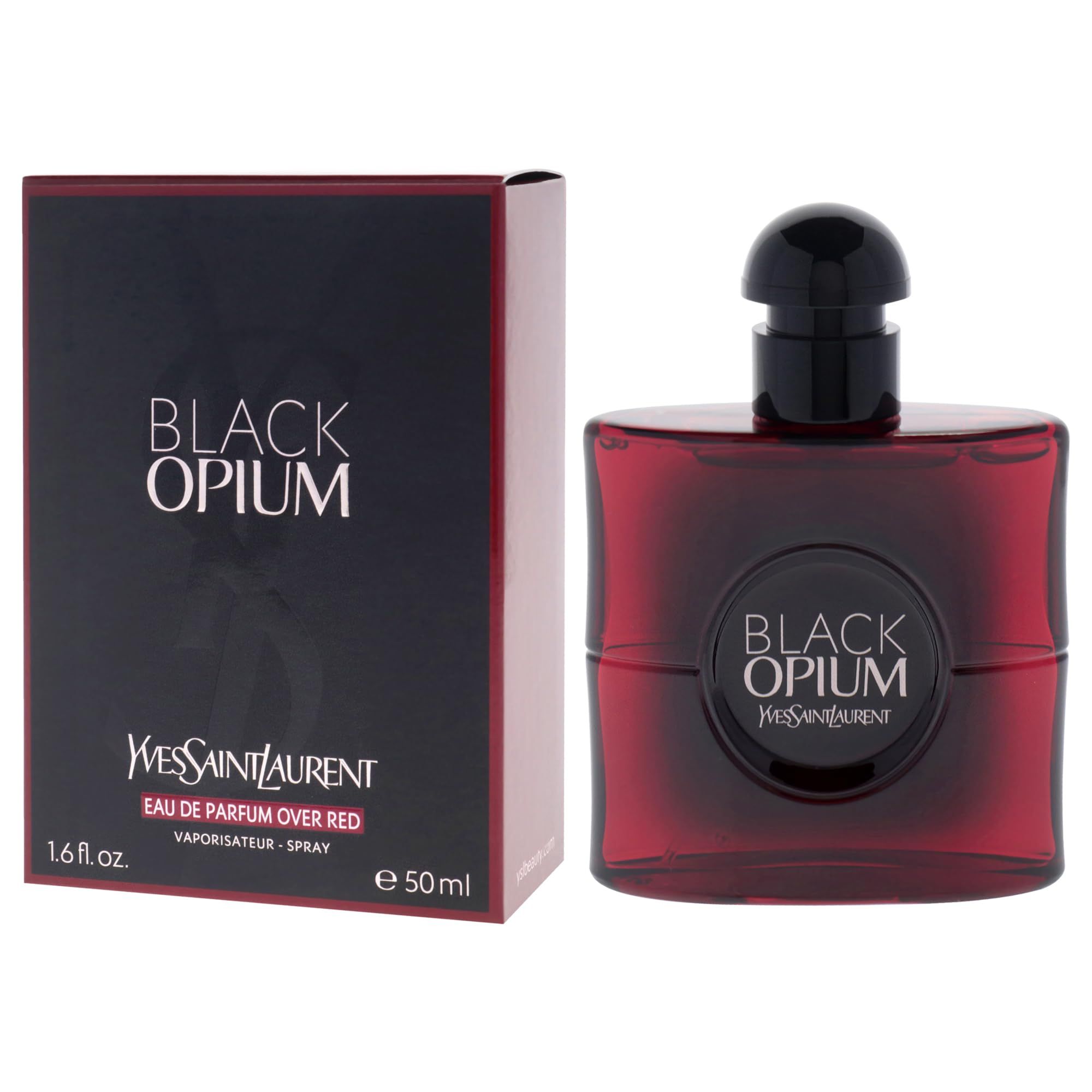 Parfümflasche und Verpackung. Schwarze Flasche mit schwarzem Deckel. Rote Verpackung mit Text.