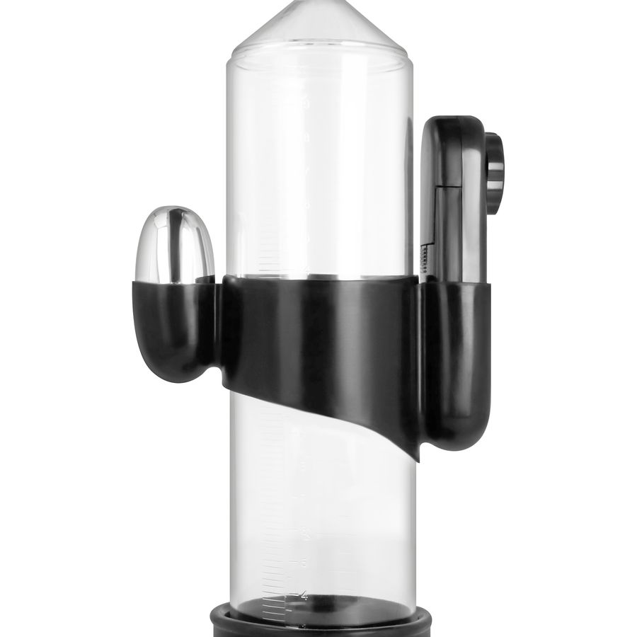 Transparente Penispumpe mit schwarzem Zubehör. Sichtbar: Zylinder, Vibrationsmodul, Steuerung.
