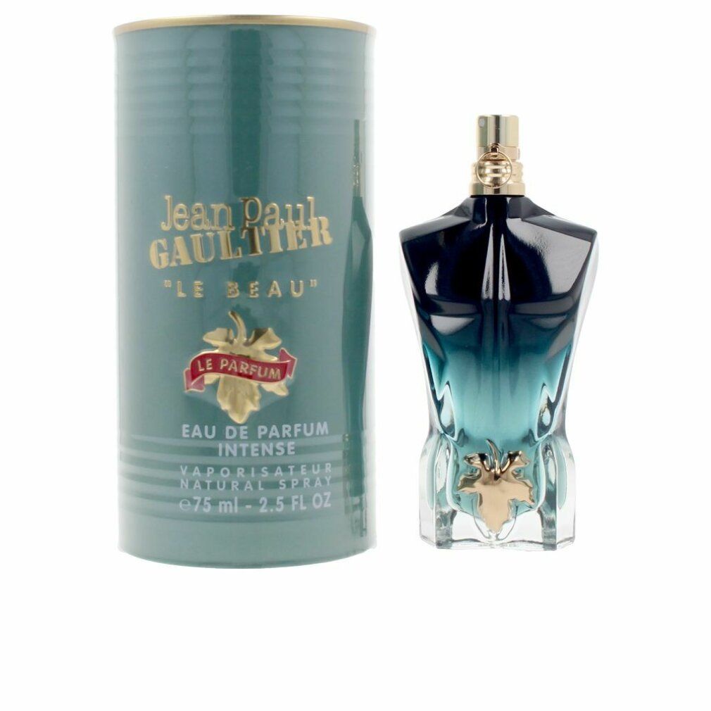 Flakon und Dose. Flakon in Torsoform, blau-schwarz. Dose grün mit goldener Schrift. Text: Eau de Parfum Intense.