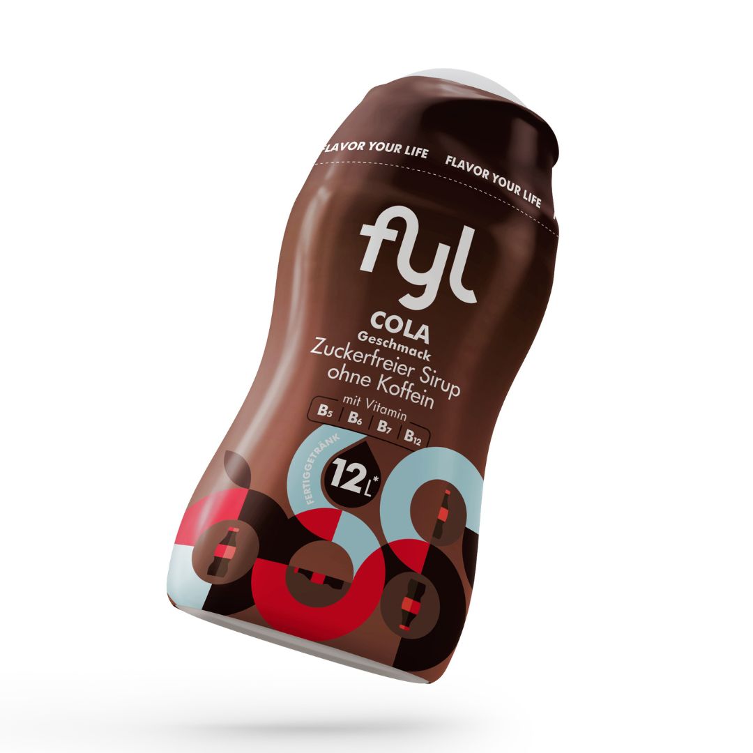 Fyl Cola Sirup, braune Flasche, ohne Koffein, mit Vitaminen B5, B6, B7, B12, 12 Portionen.