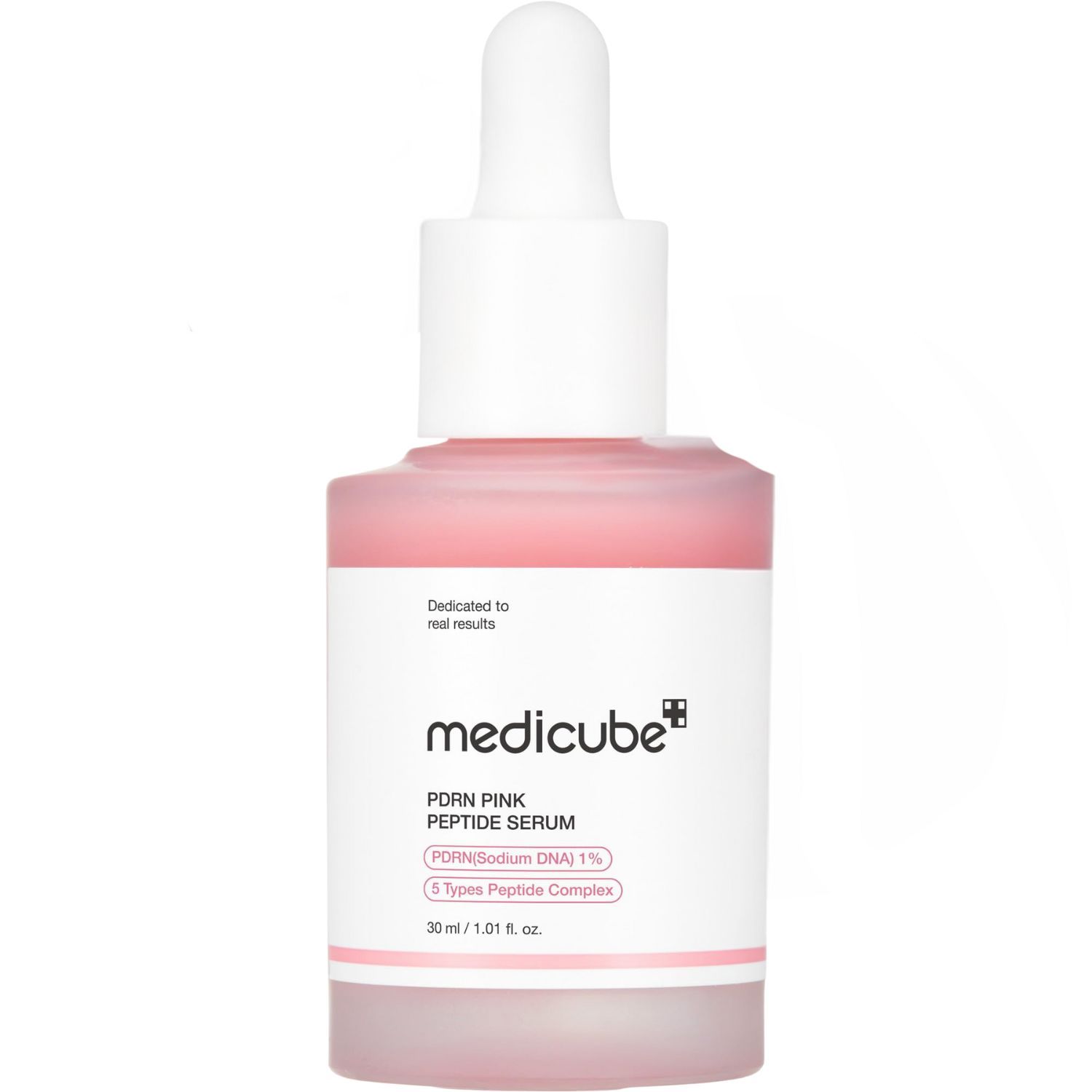 Rosa Serumflasche mit weißem Deckel und Pipette. Beschriftung: Medicube, PDRN Pink Peptide Serum. Enthält 30 ml.