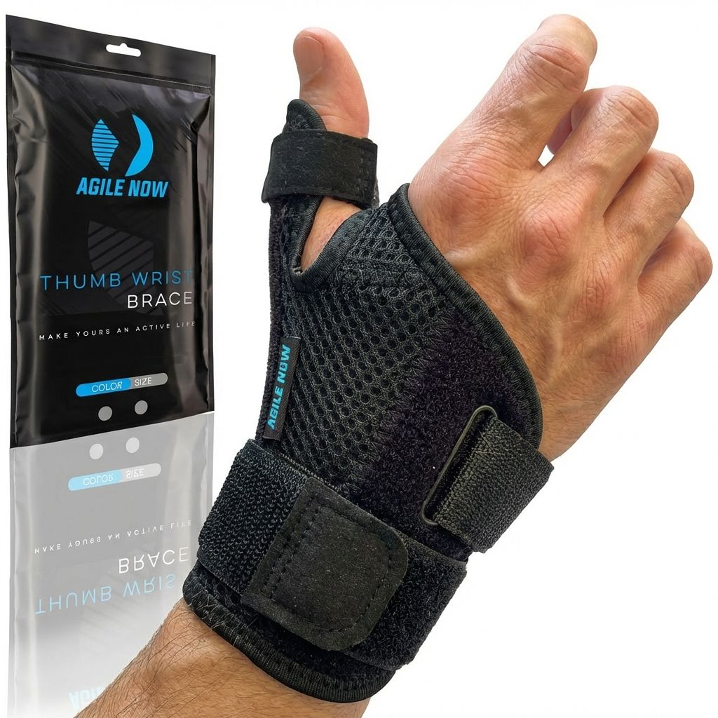 Schwarze Daumenbandage mit Verpackung. Beschriftung: AGILE NOW THUMB WRIST BRACE.