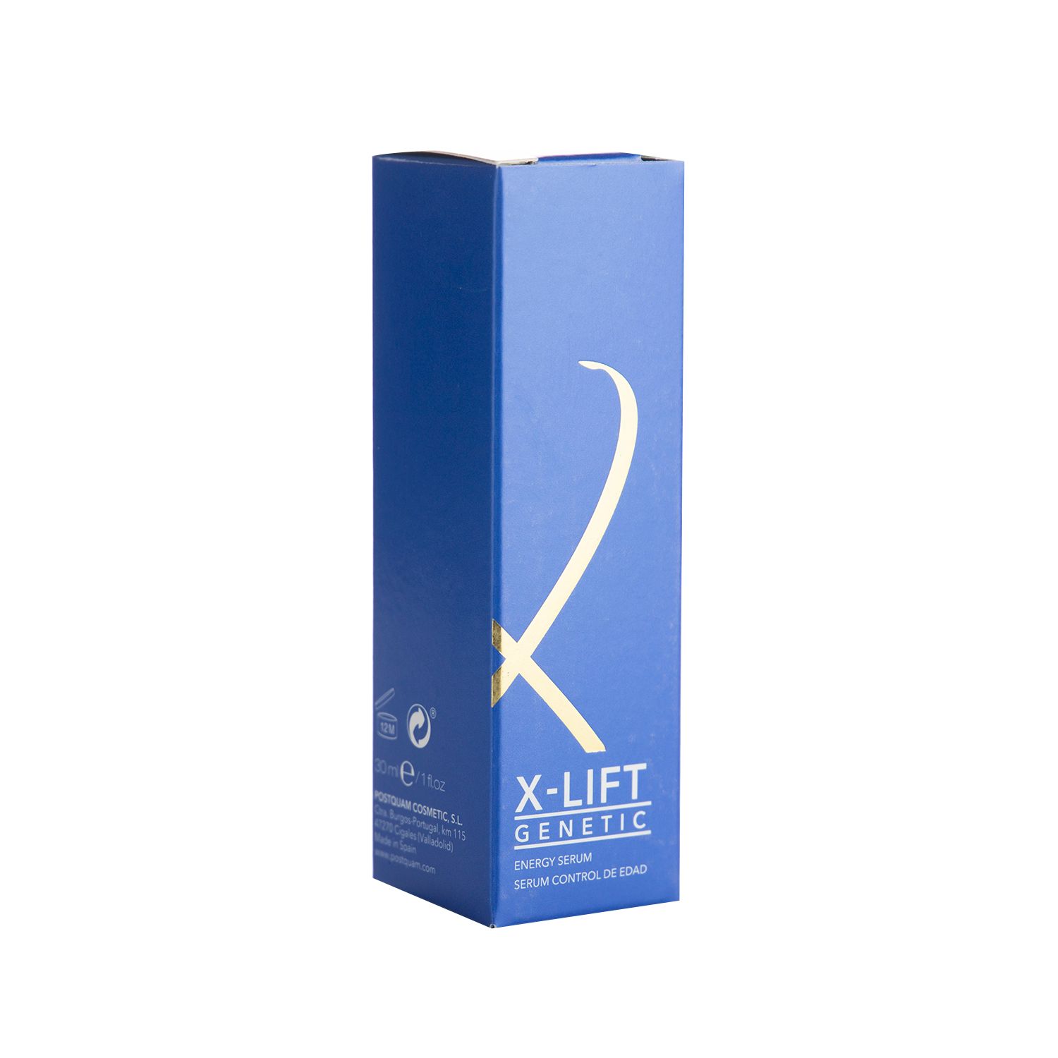 Blaue Verpackung mit goldenem Logo. Aufschrift: X-Lift Genetic Energy Serum. Rechteckige Form.