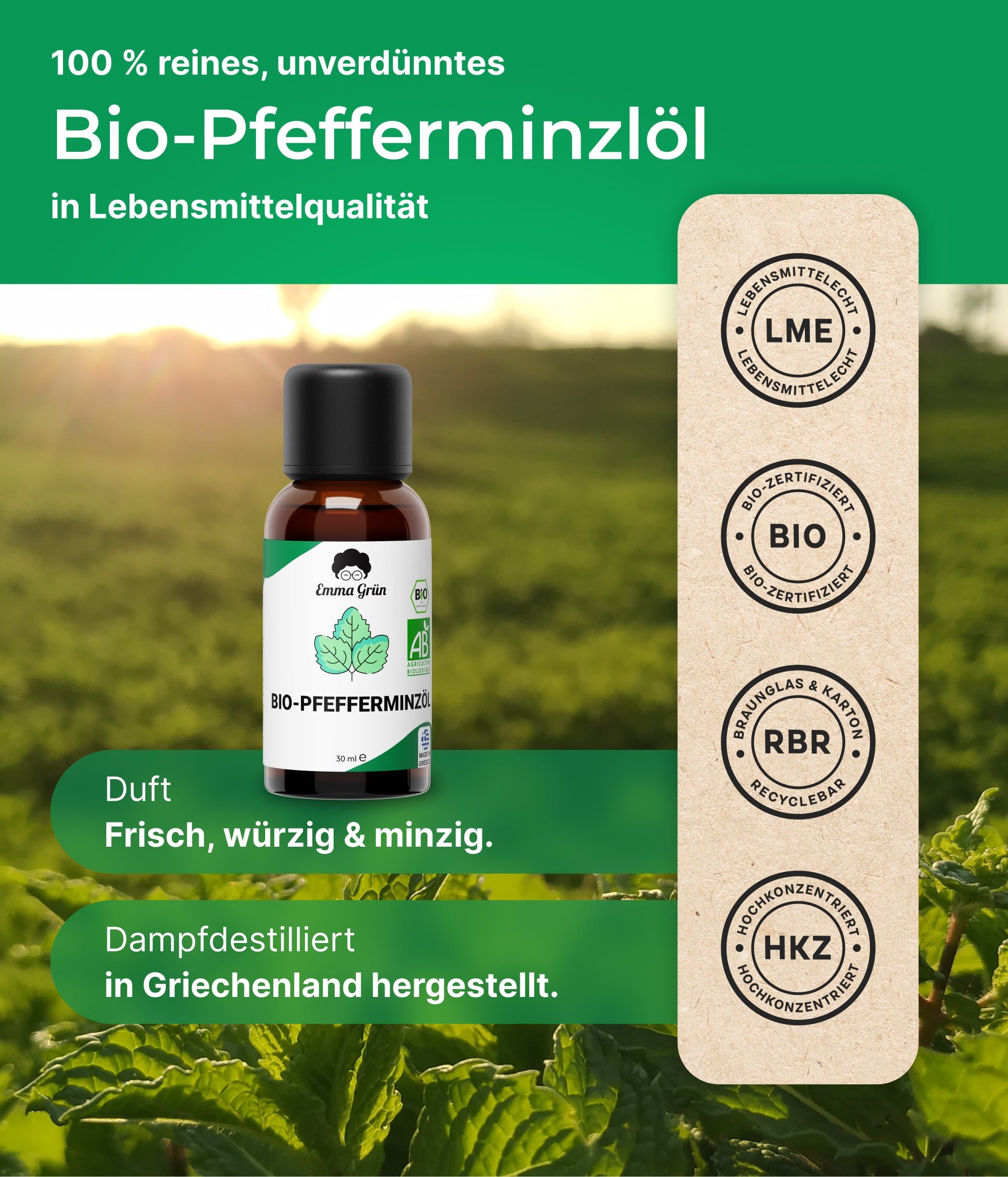 Emma Grün® ätherisches Bio Pfefferminzöl naturrein & hochdossiert